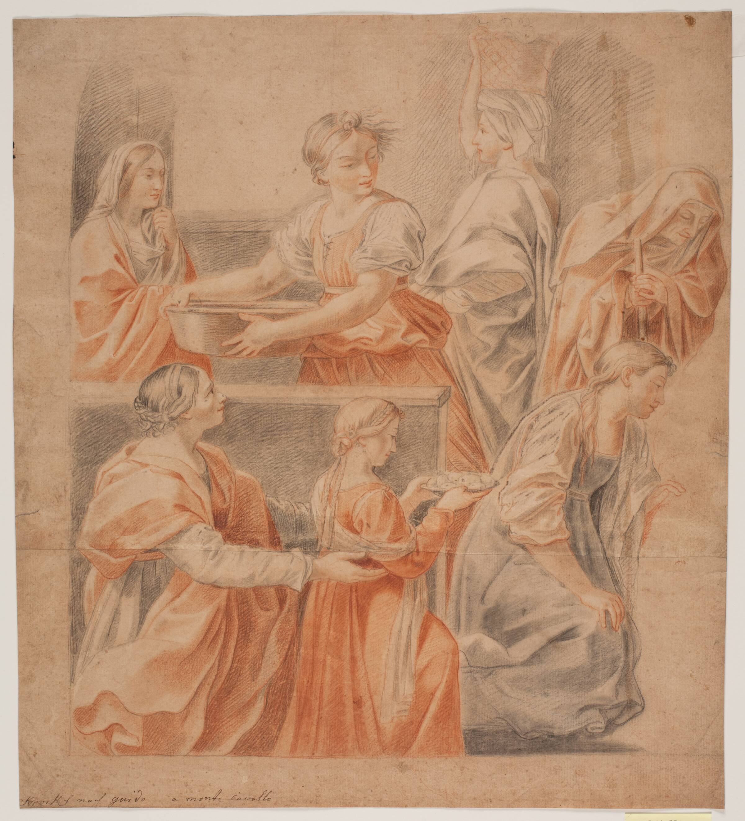 Studie efter Guido Renis freske i Cappella dell' Annunciazione, Palazzo Quirinale, Rom. (Marias fødsel, venstre side), Hendrik Krock, 1671-1738