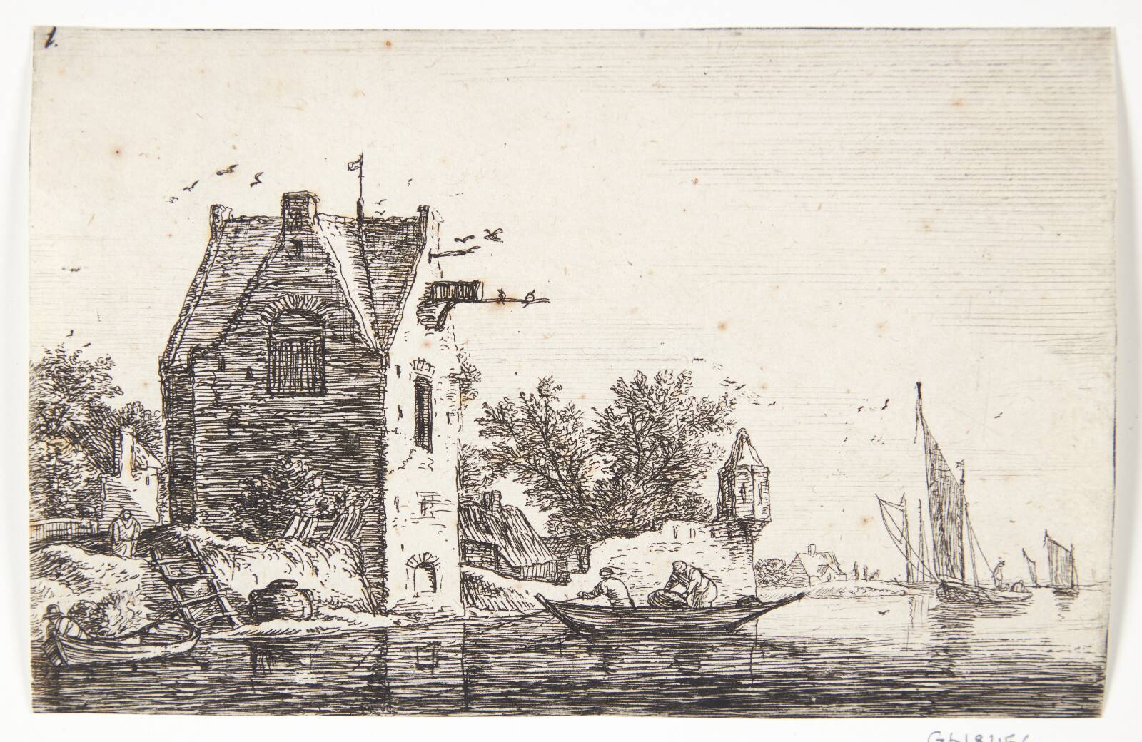 Tårn ved en flod, Anthonie Waterloo, 1610-1690
