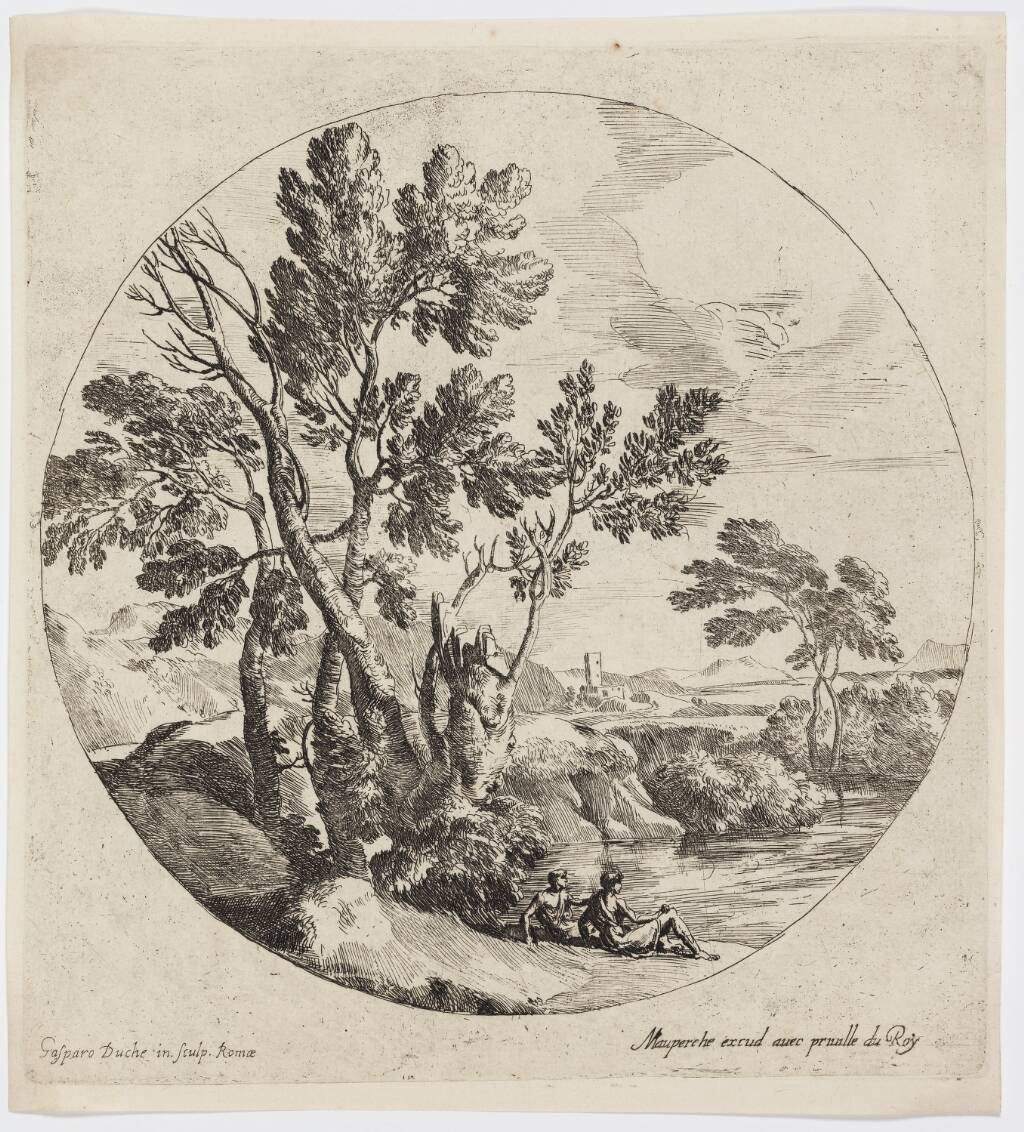 Landskab med to mænd siddende ved en flod, Gaspard Dughet, 1615-1675