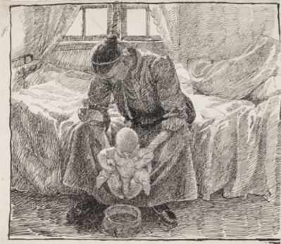 Kunstnerens hustru der holder sit barn frem