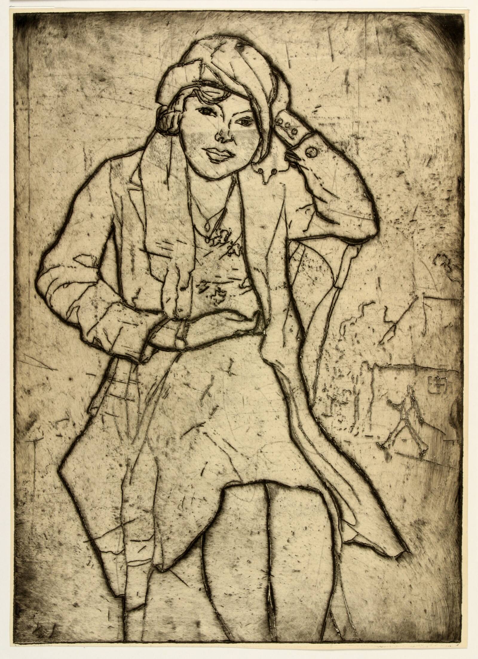 Siddende ung dame med overtøj og hat, Kaj Ejstrup, 1930-1939