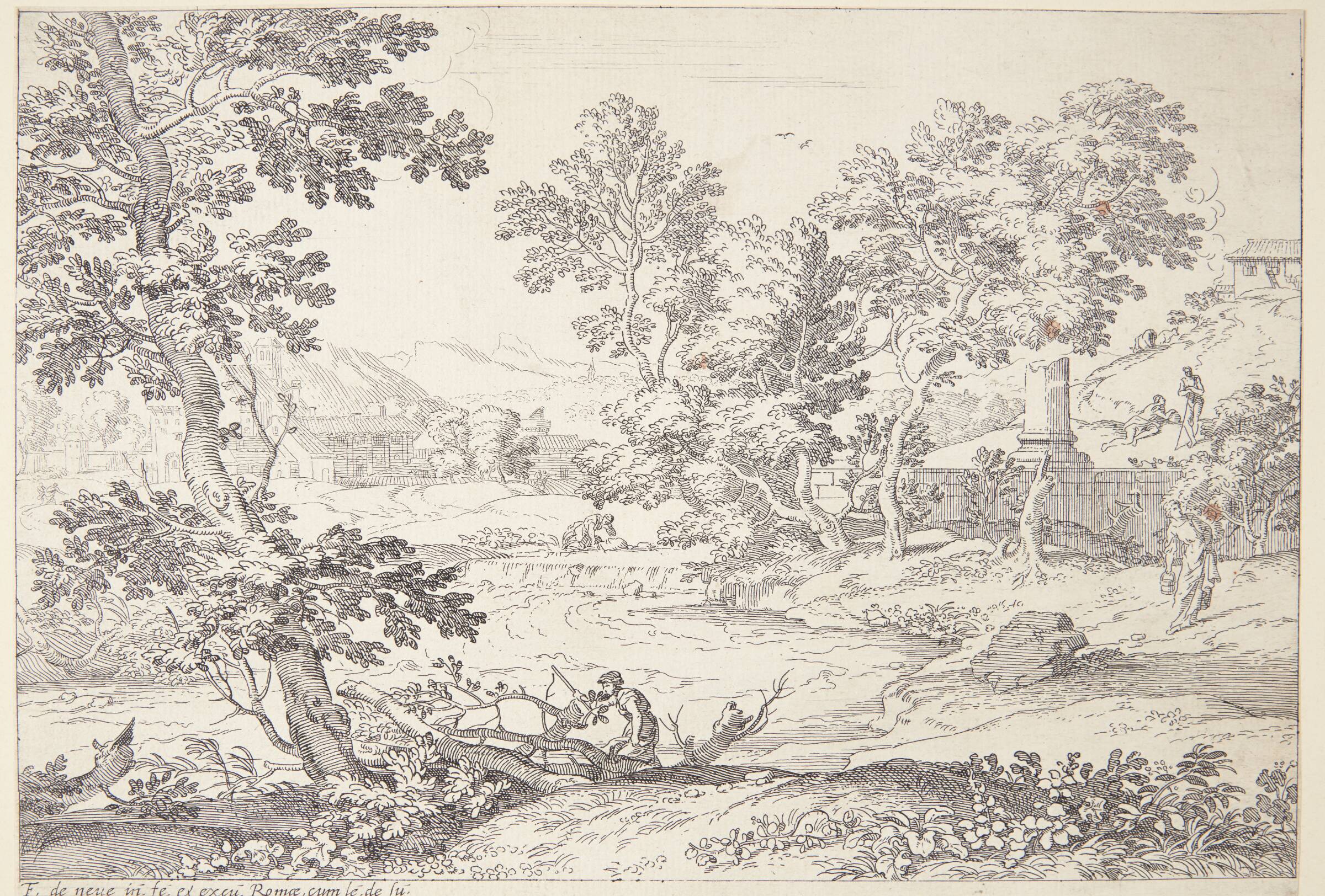 Flodlandskab med en kvinde, der vasker tøj, Franciscus de Neve, 1606-1688