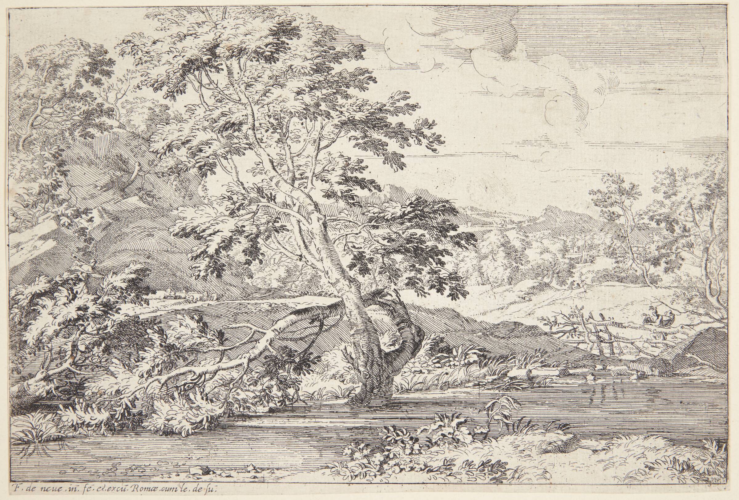 Flodlandskab med et træ med rødderne i vandet, Franciscus de Neve, 1606-1688