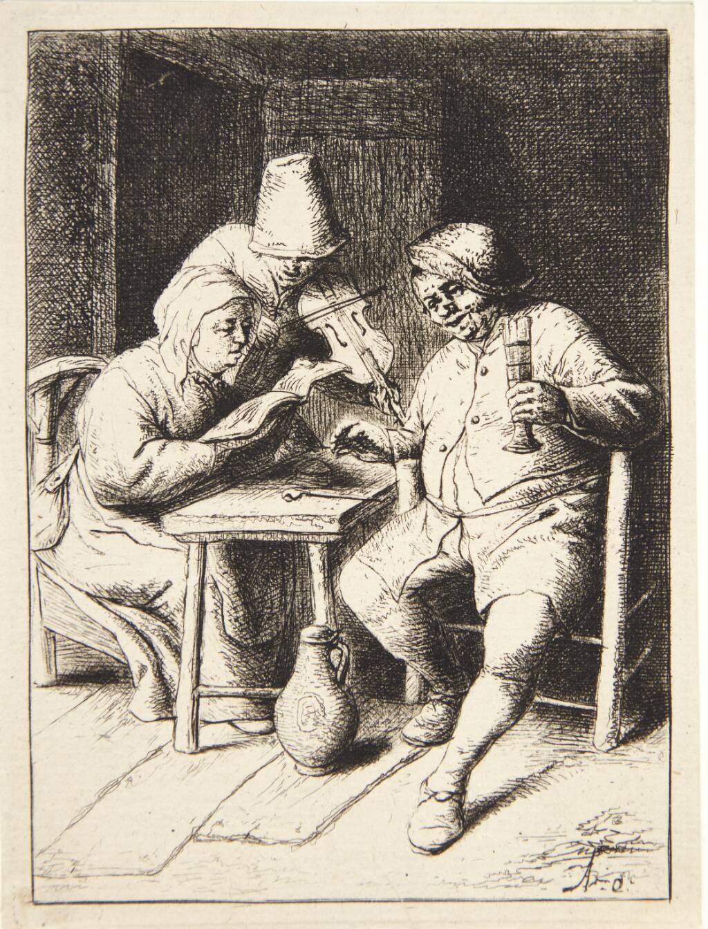 Kvinde, som synger, akkompagneret af en fiolspiller og en mand, der drikker, Adriaen van Ostade, 1644