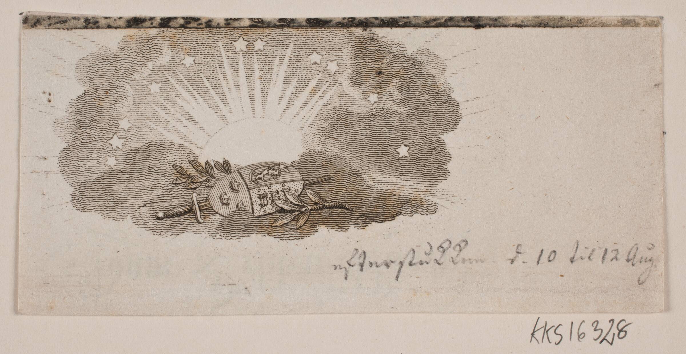Vignet med de tre nordiske rigers våben i skyer foran sol, Gerhard Ludvig Lahde, 1765-1833