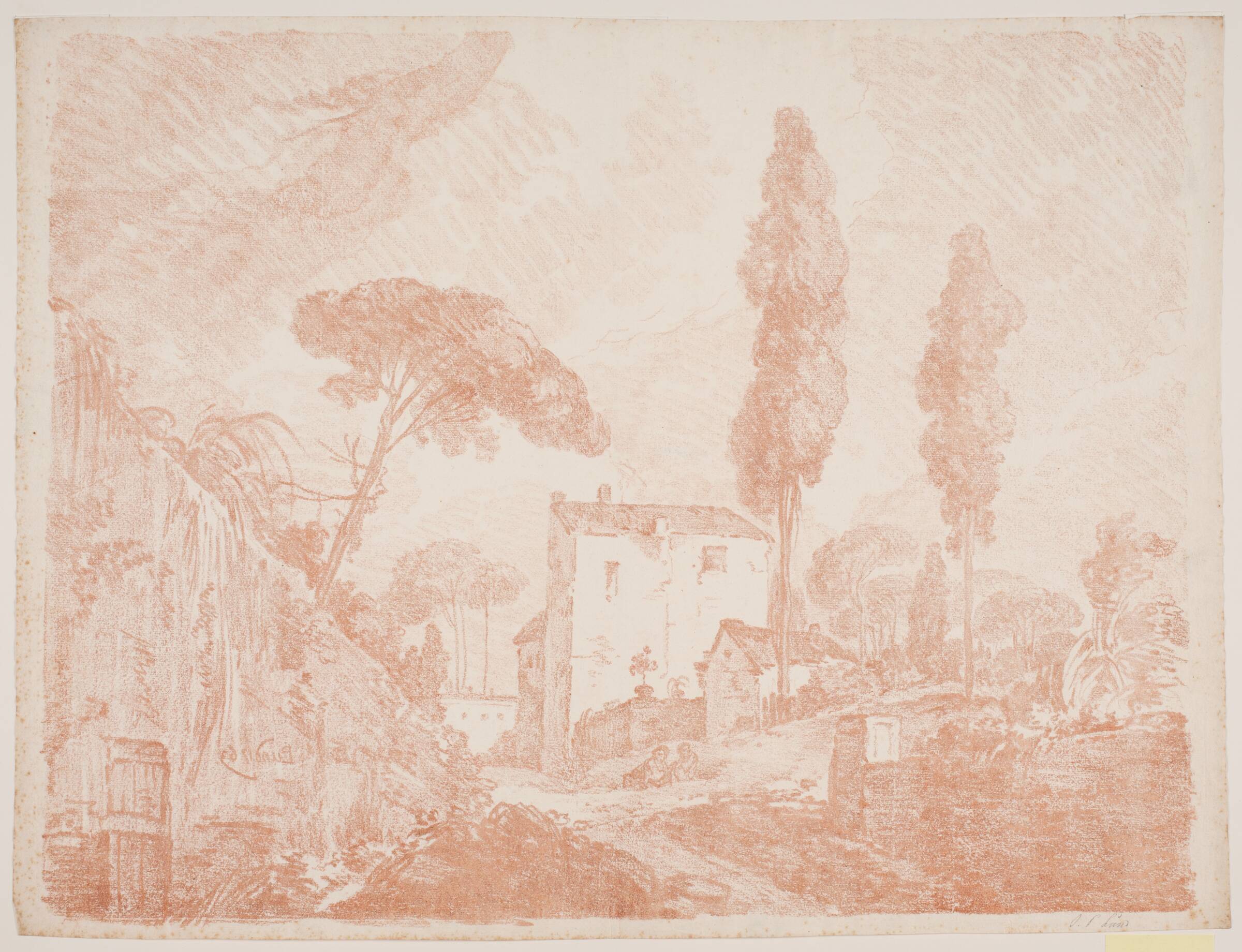Italiensk fantasilandskab med træer og huse, Jens Petersen Lund, 1763