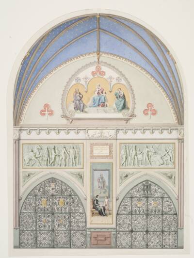 Udkast til hvælvingens dekoration i Christian IV's kapel i Roskilde Domkirke. I midten Christian IV som barn. Herover to friser med scener fra kongens liv