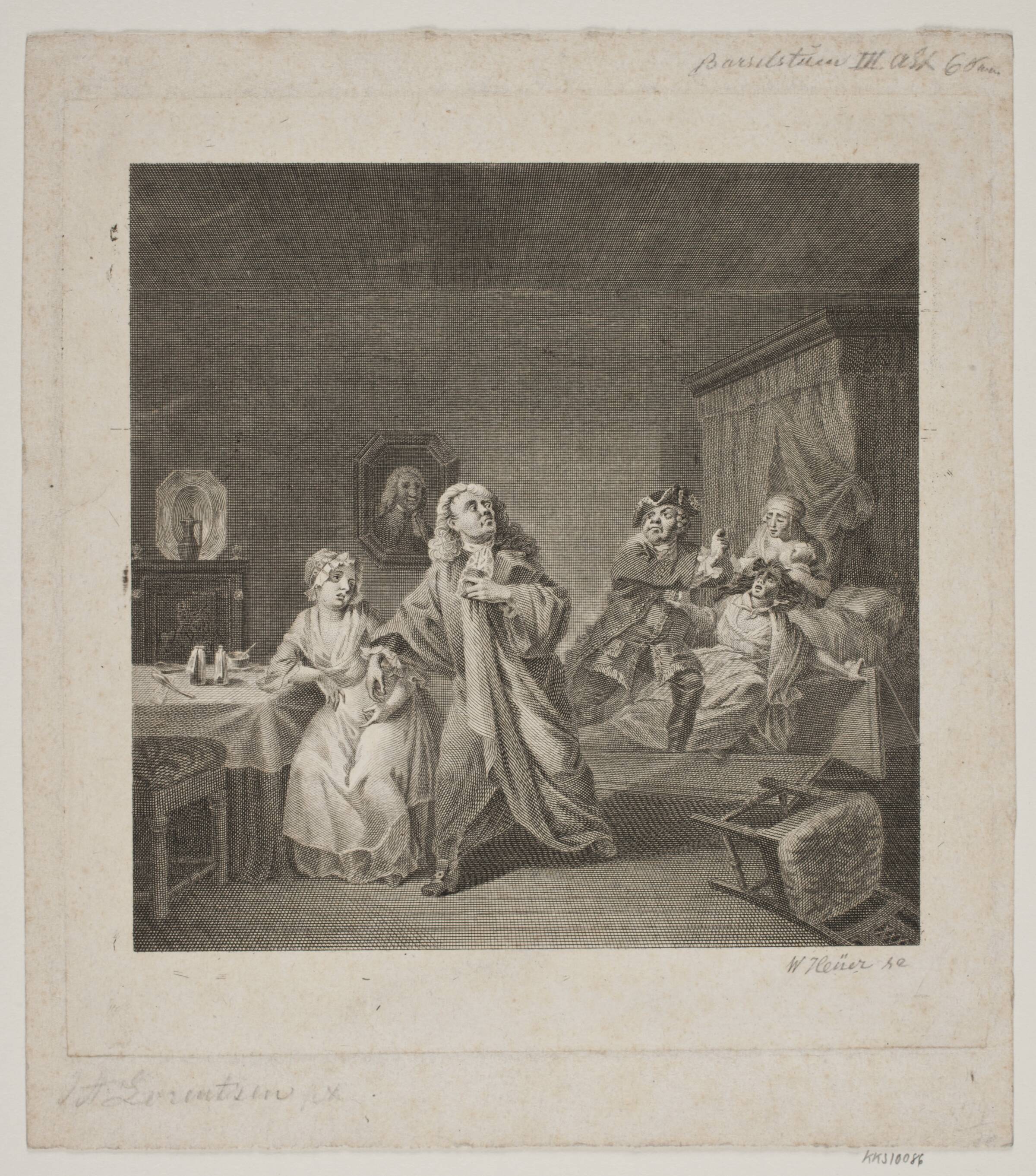 Barselsstuen III. akt 6. scene. Gravering efter Lorenzens Holberg Galleri., WIlhelm Heuer, 1810-1816