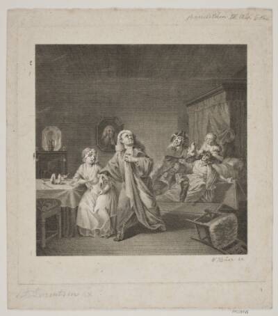 Barselsstuen III. akt 6. scene. Gravering efter Lorenzens Holberg Galleri.