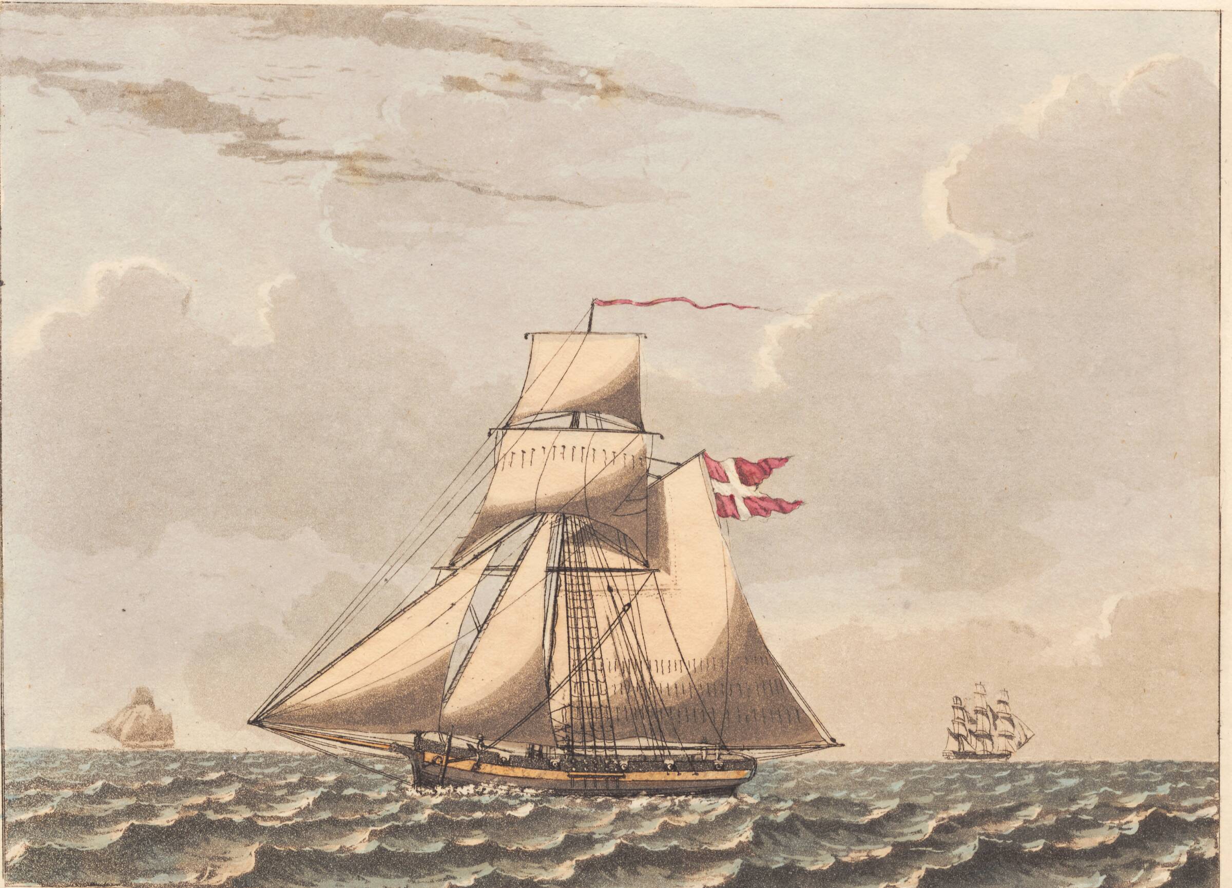 En dansk cutter at see i læ, med sidevind, Niels Truslew, 1805