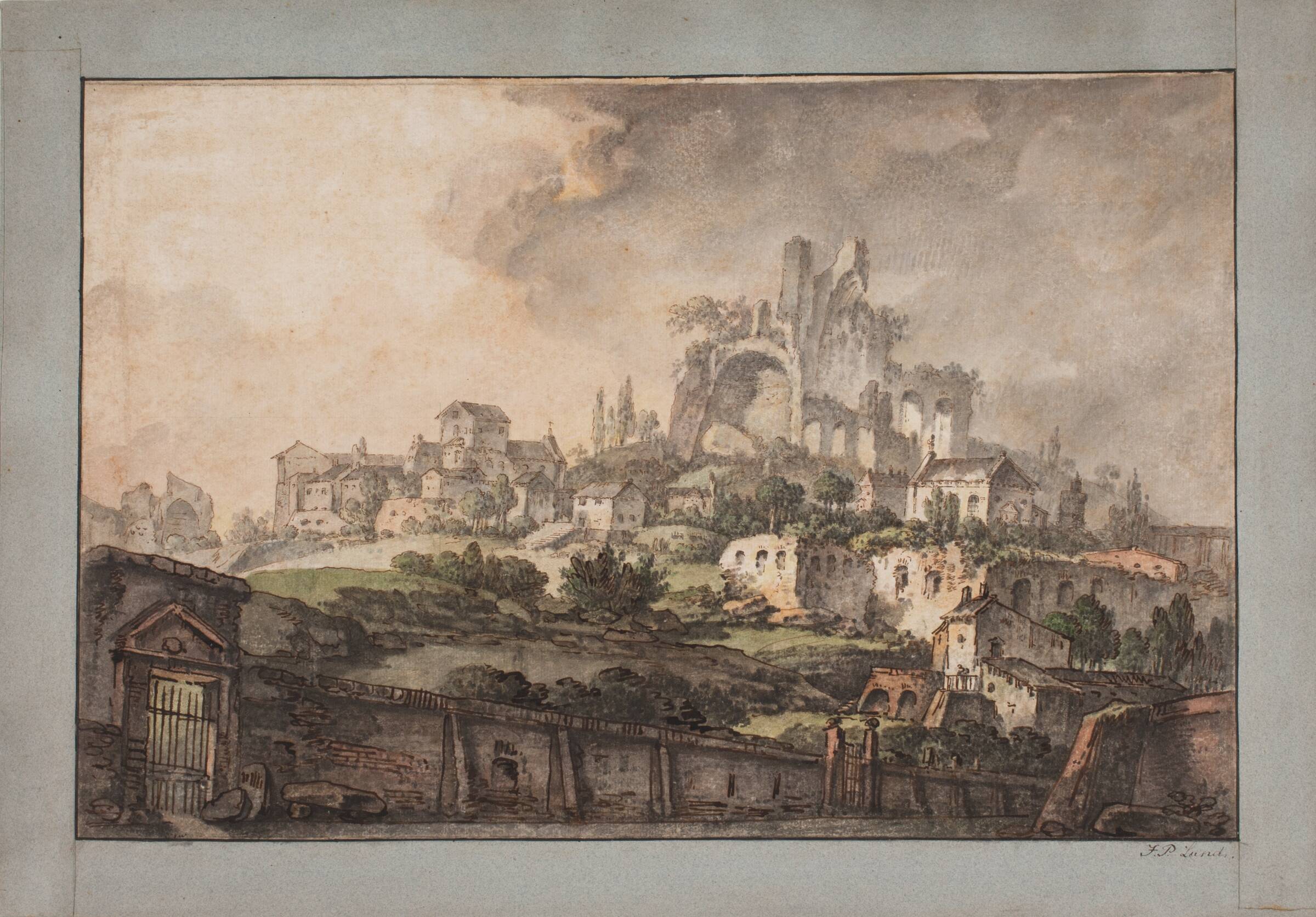 Romersk prospekt med mur i forgrunden, kirke og ruin i baggrunden, Jens Petersen Lund, 1730-1790
