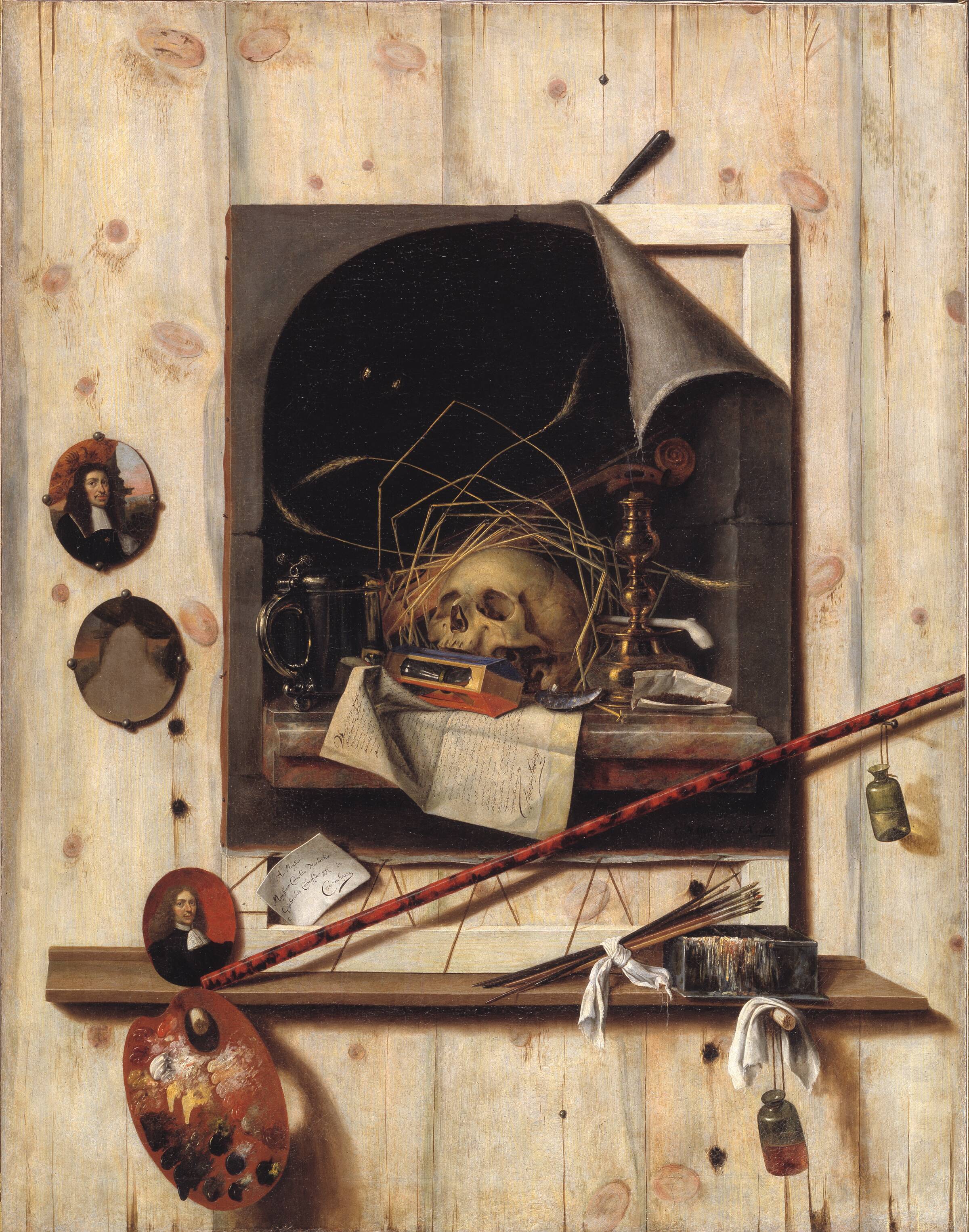Trompe l'oeil med ateliervæg og vanitas-stilleben, Cornelius Norbertus Gijsbrechts, 1668