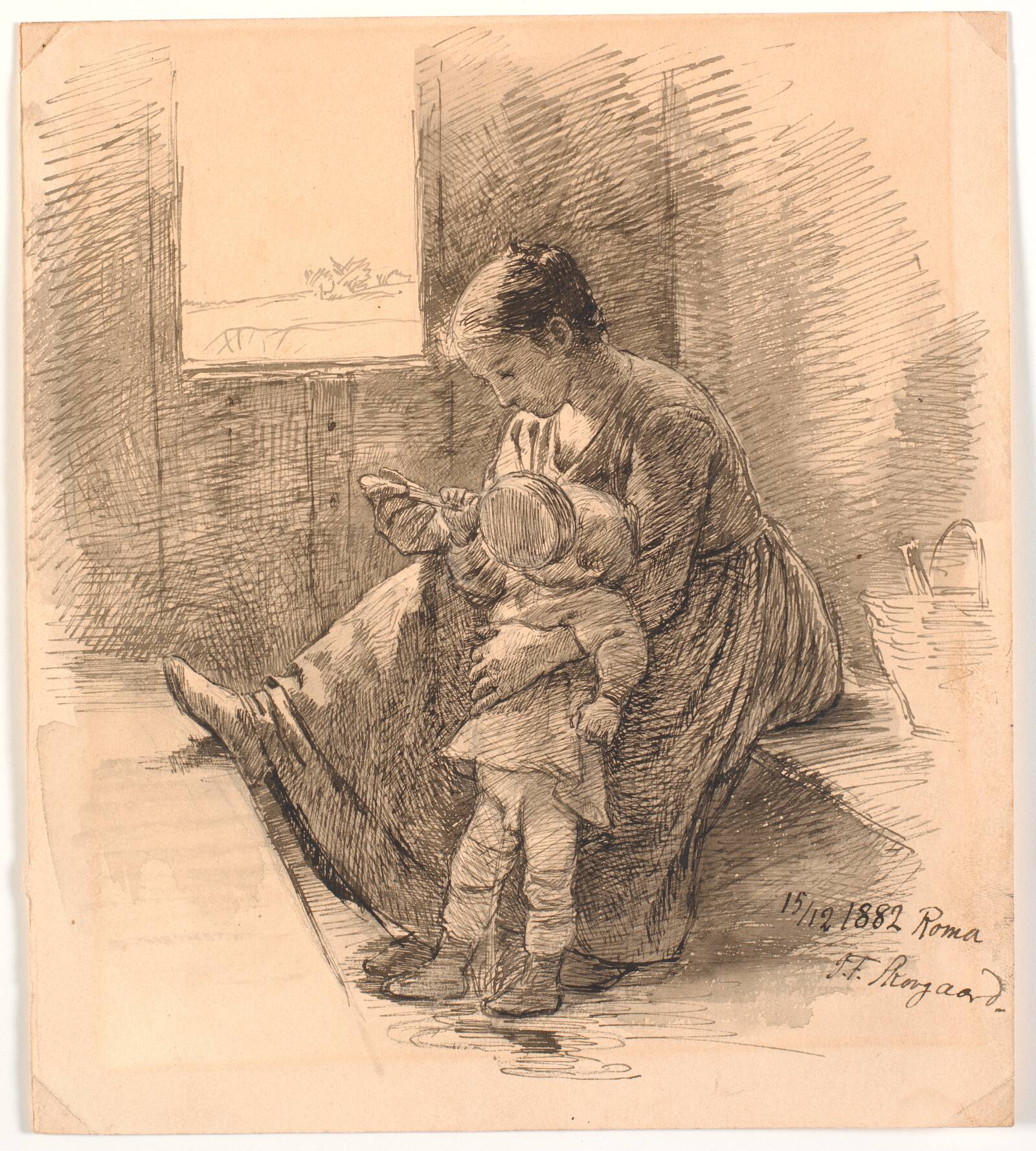 Kvinde og barn i jernbanekupé, Joakim Skovgaard, 1882
