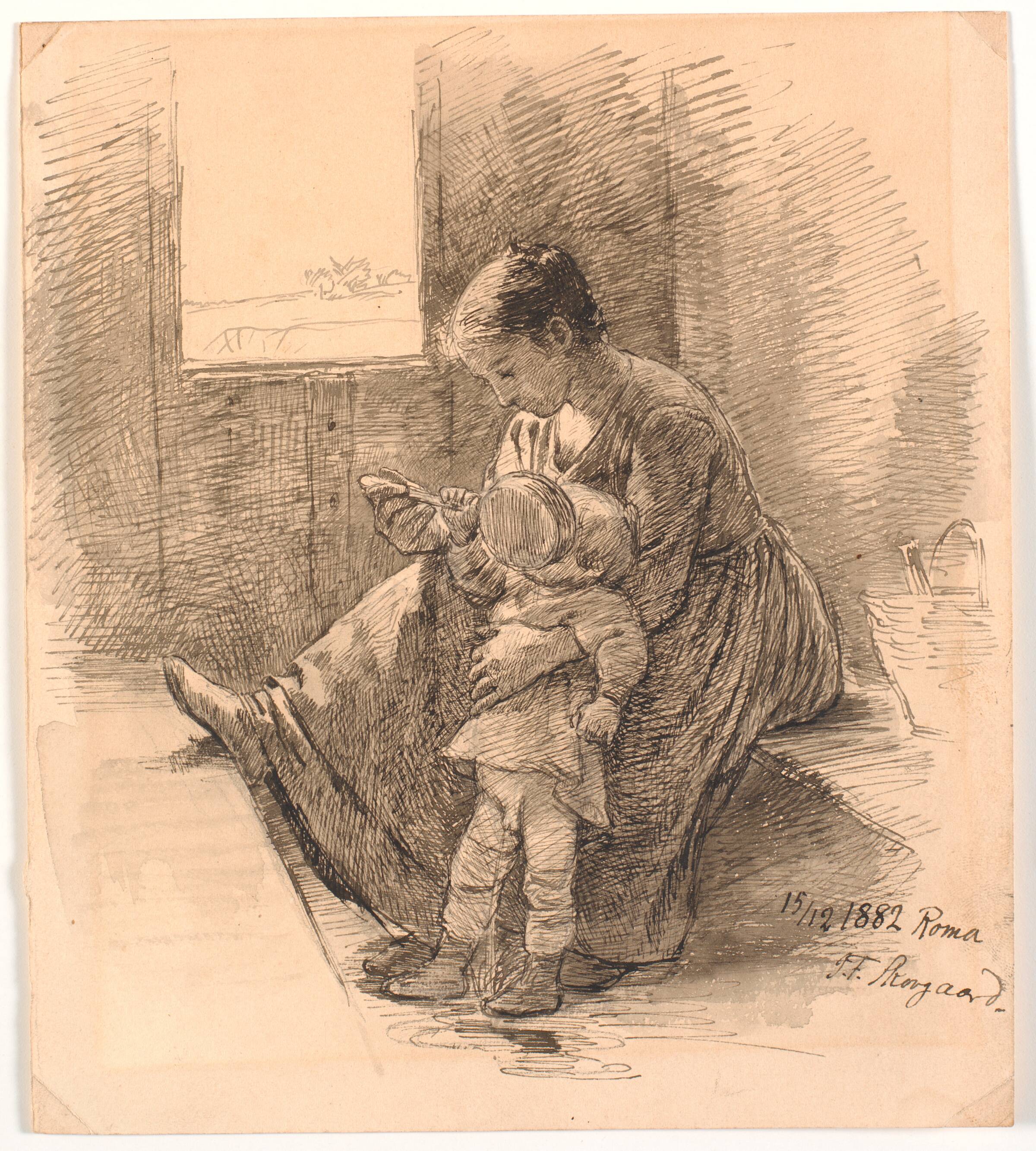 Kvinde og barn i jernbanekupé, Joakim Skovgaard, 1882