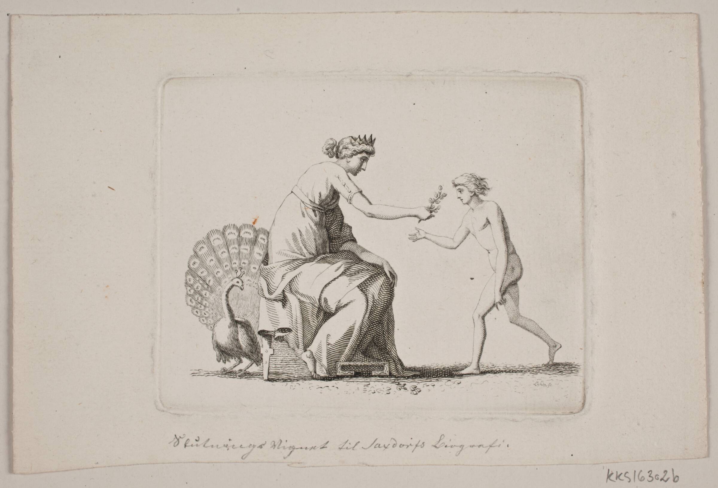 Allegori med Påfugl, siddende kvinde og en ung mand, Gerhard Ludvig Lahde, 1765-1833