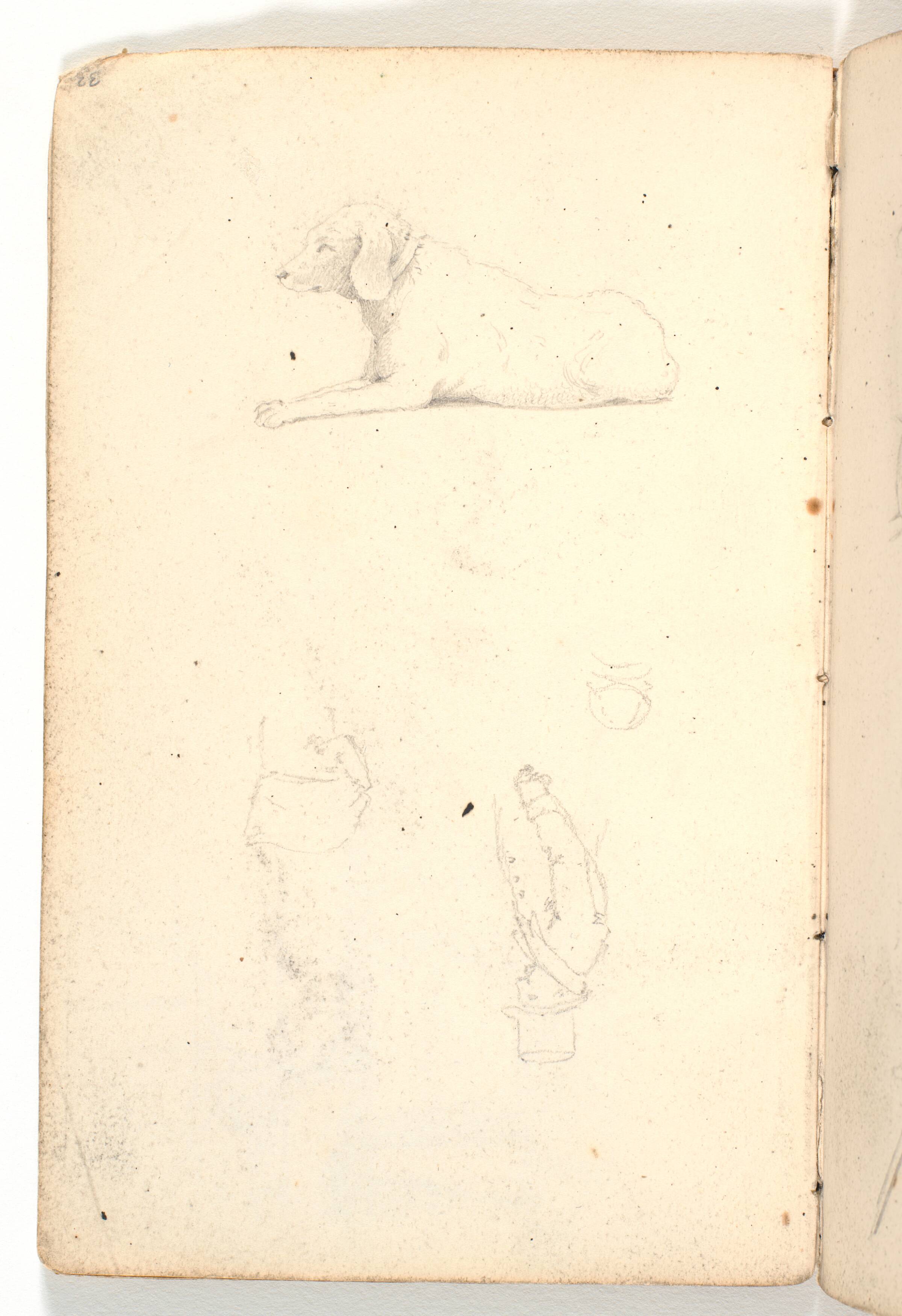 Studie af liggende hund og to figurer, Martinus Rørbye, 1825-1826