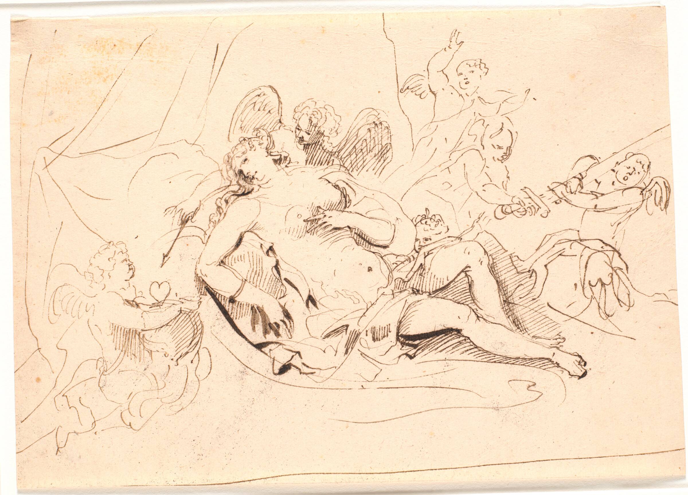 Hvilende Venusfigur, omgivet af seks putti, der leger med sværd, pil og hjerte, Jürgen Ovens, 1623-1678