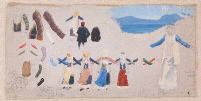 Dansende kvinder, dragtdetailler og et landskab