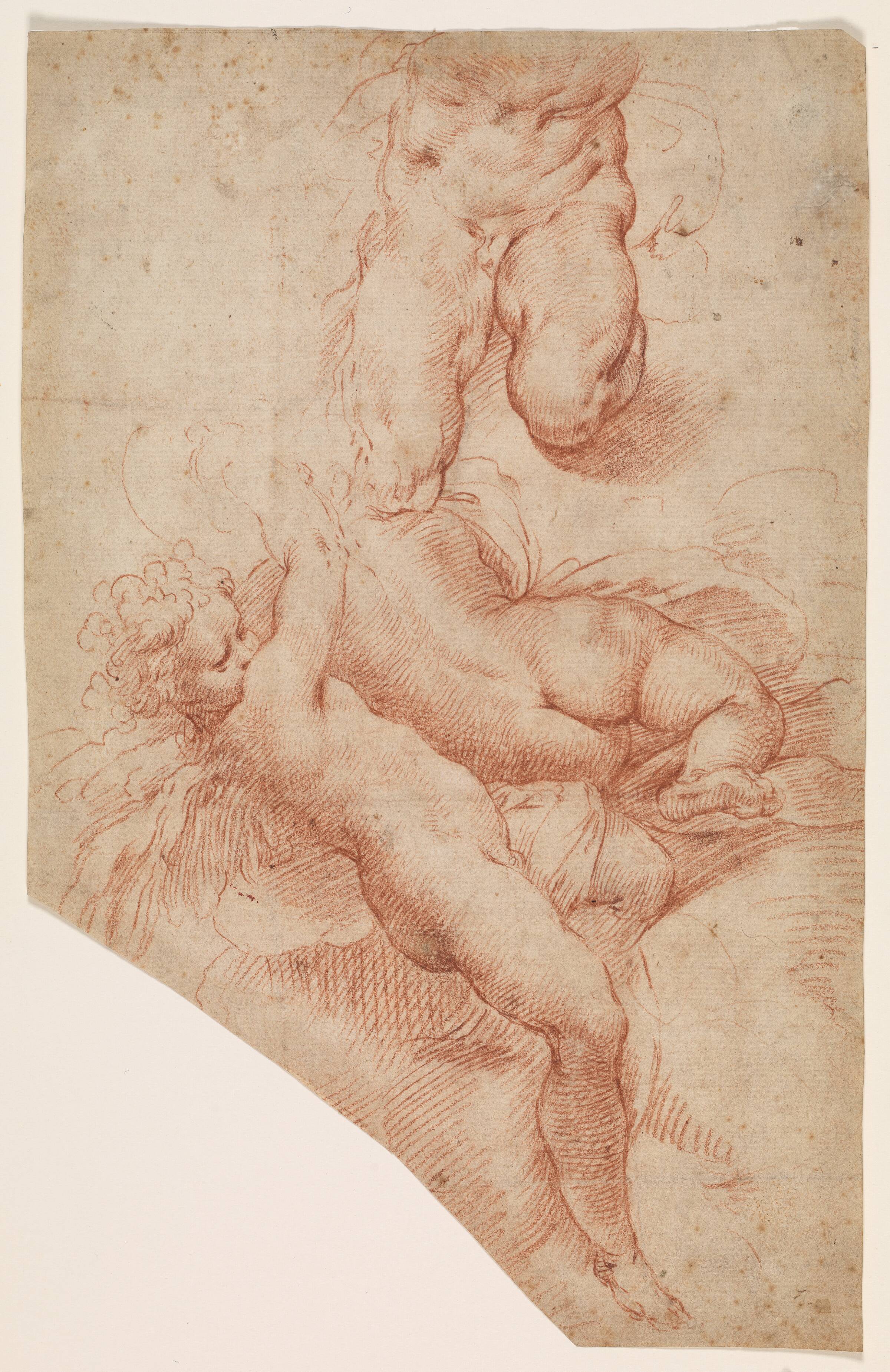 En engel eller putto, en liggende rygvendt kvinde og underkroppen af en muskuløs mand, Giulio Cesare Procaccini, 1574-1625