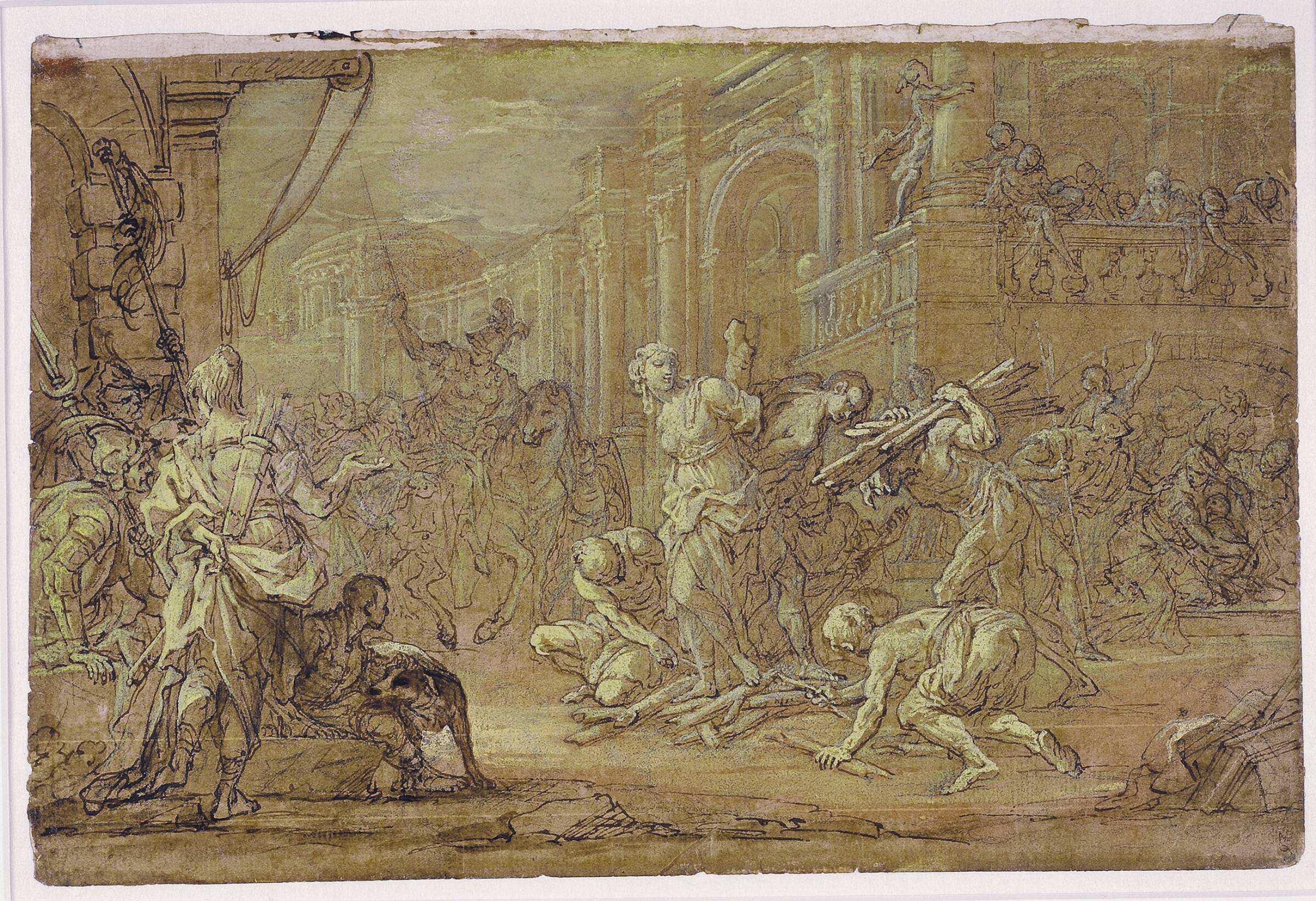 Clorinda redder Sofronia og Olindo fra bålet i Jerusalem, Sebastiano Conca, 1700-1749