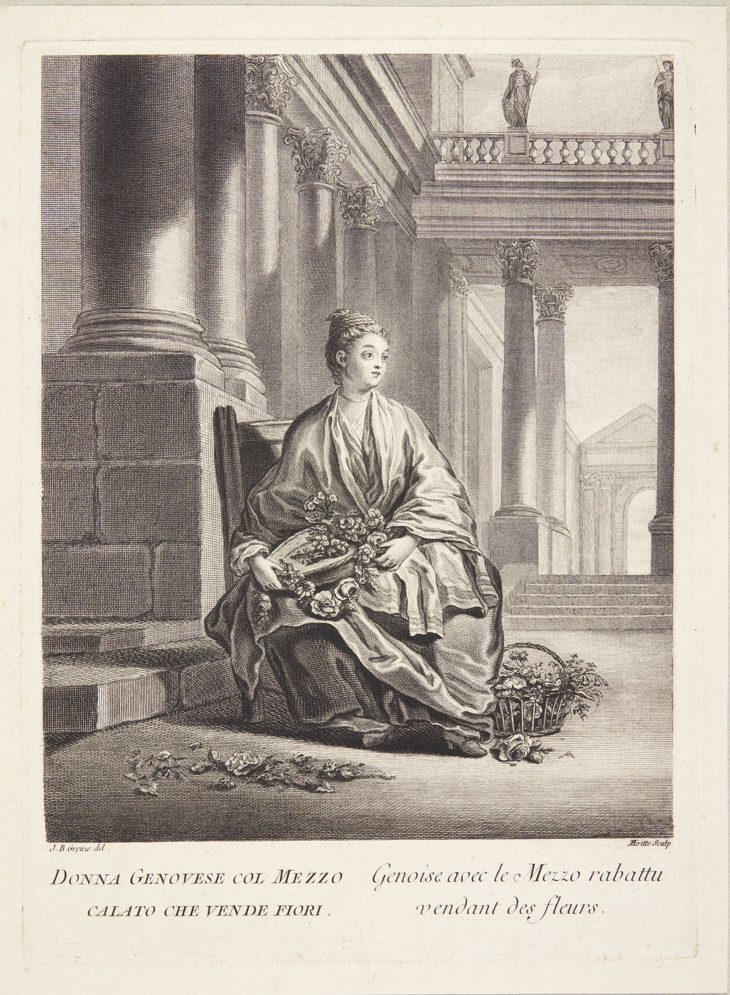 Kvinde fra Genova (Genoise avec de Mezzo rabatti vendant des fleurs), Pierre Etienne Moitte, 1760-1769