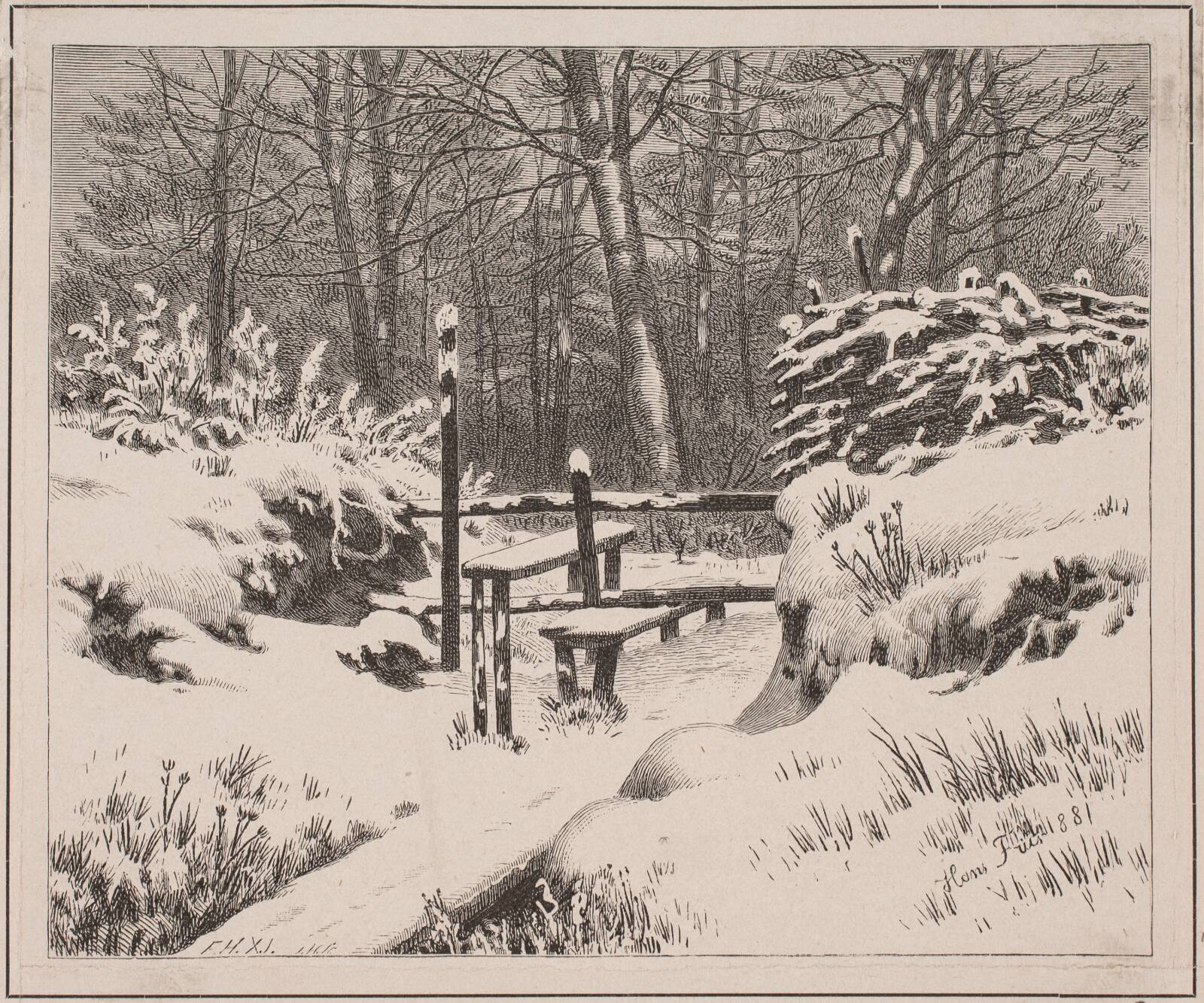 Stenen ved skoven. Vinterdag, J. Hildebrand, 1882