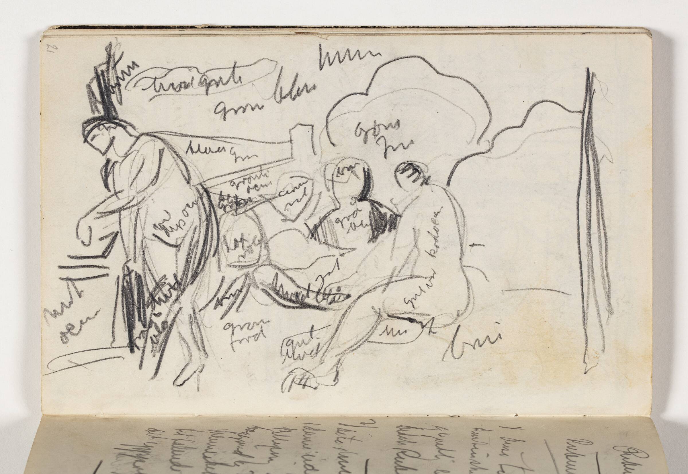 Studie med farveangivelser efter Tizians "Landlig koncert" (Concert Champetre), Louvre, Paris, J.A. Jerichau, 1911