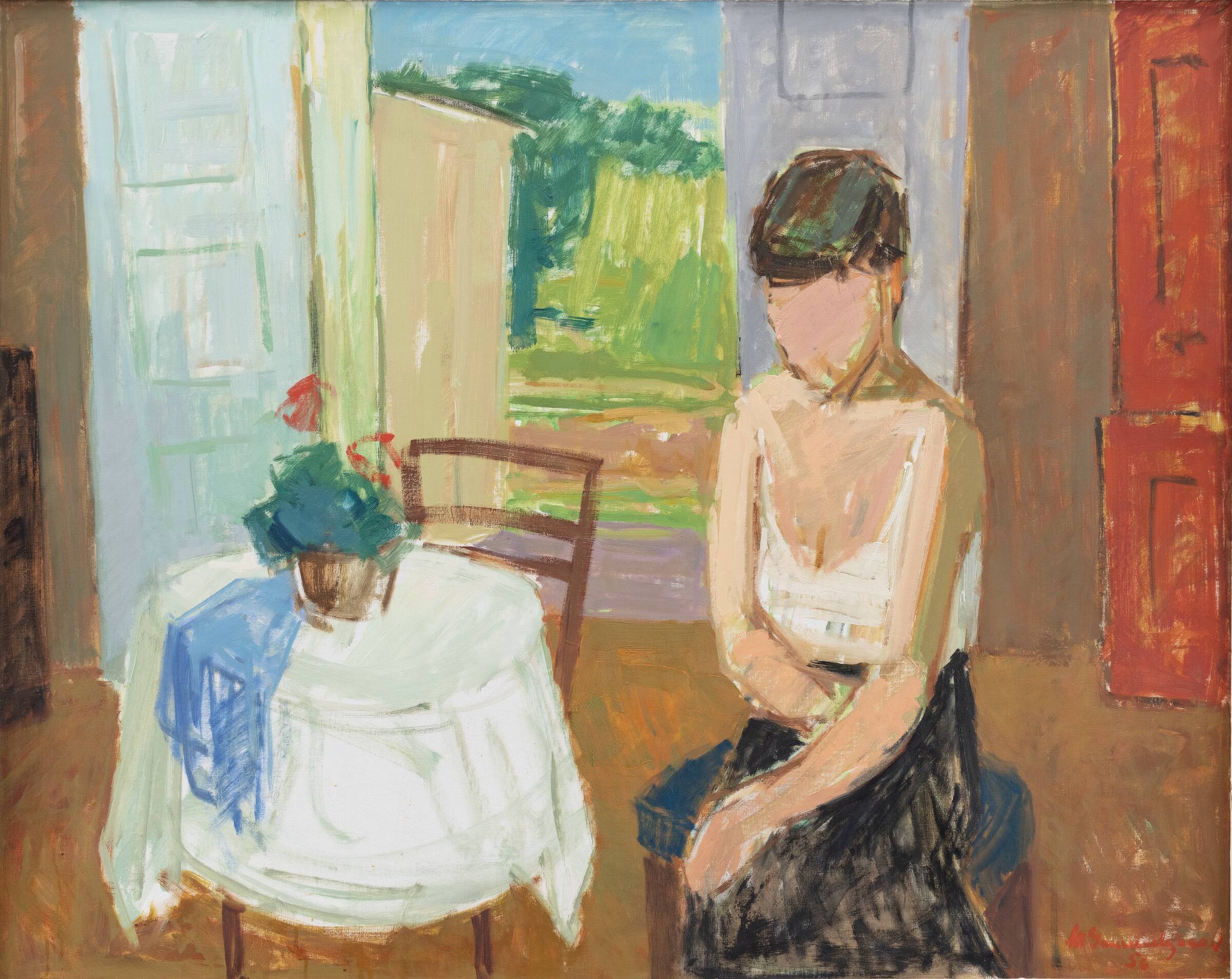 Interiør med siddende kvinde. Morgen, Albert Gammelgaard, 1956