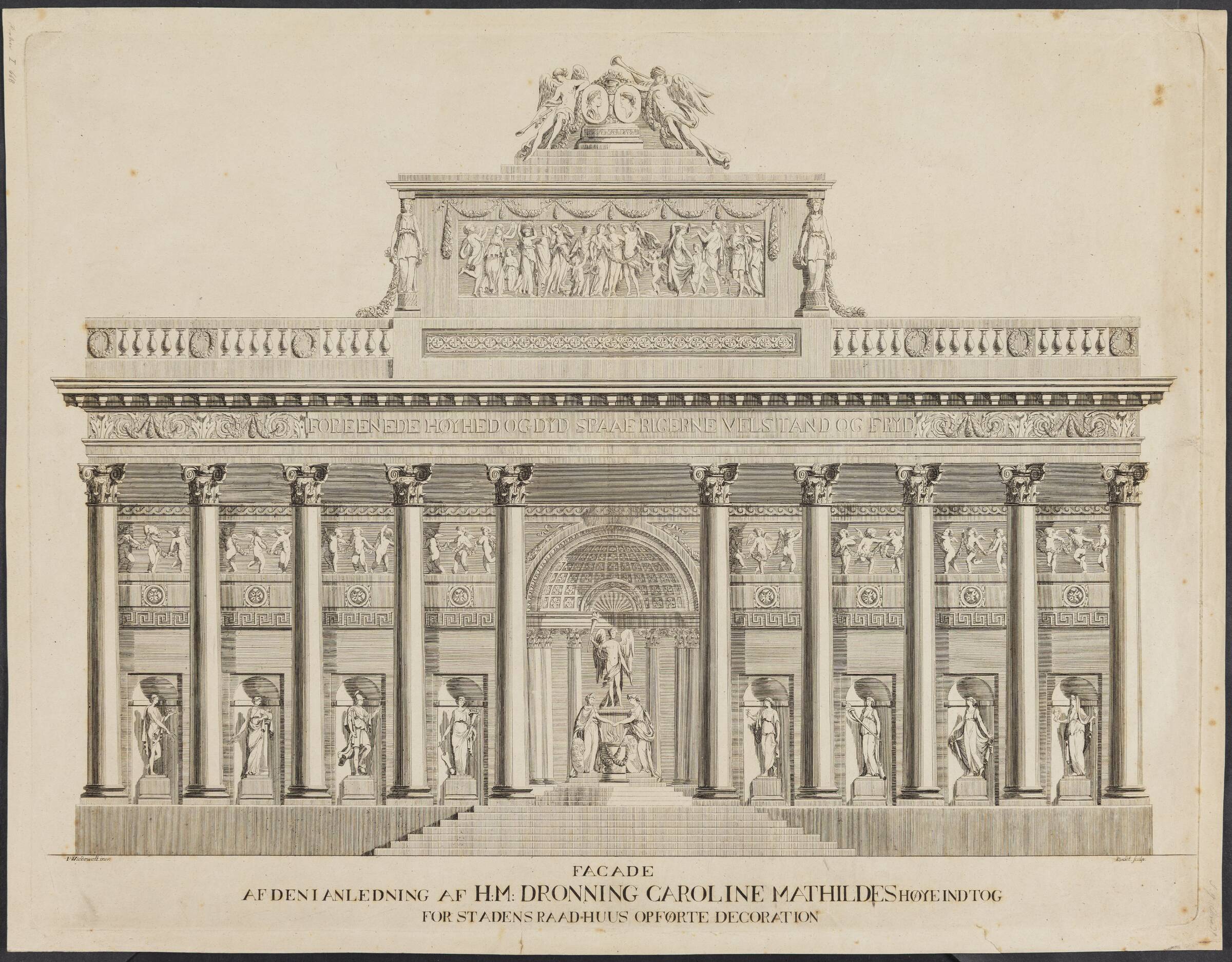 Facade i anledningen af Dronning Caroline Mathildes indtog, J.G. Bradt, 1741-1770