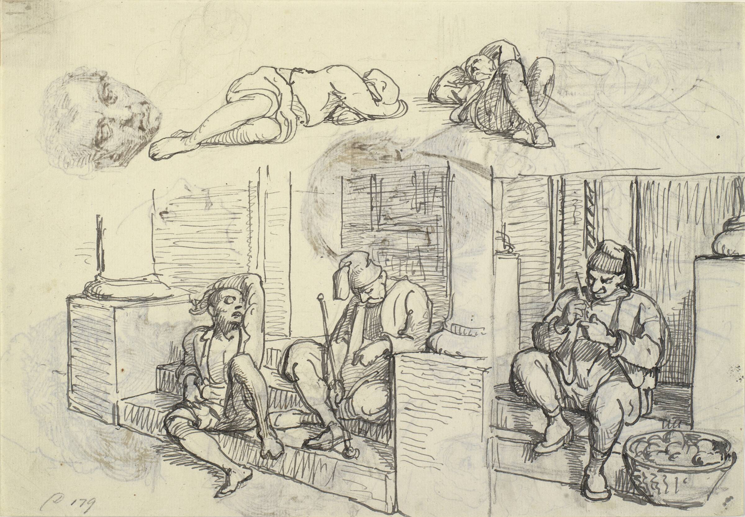 Studier af tyrk og lazzaron på en trappe, Wilhelm Marstrand, 1810-1873