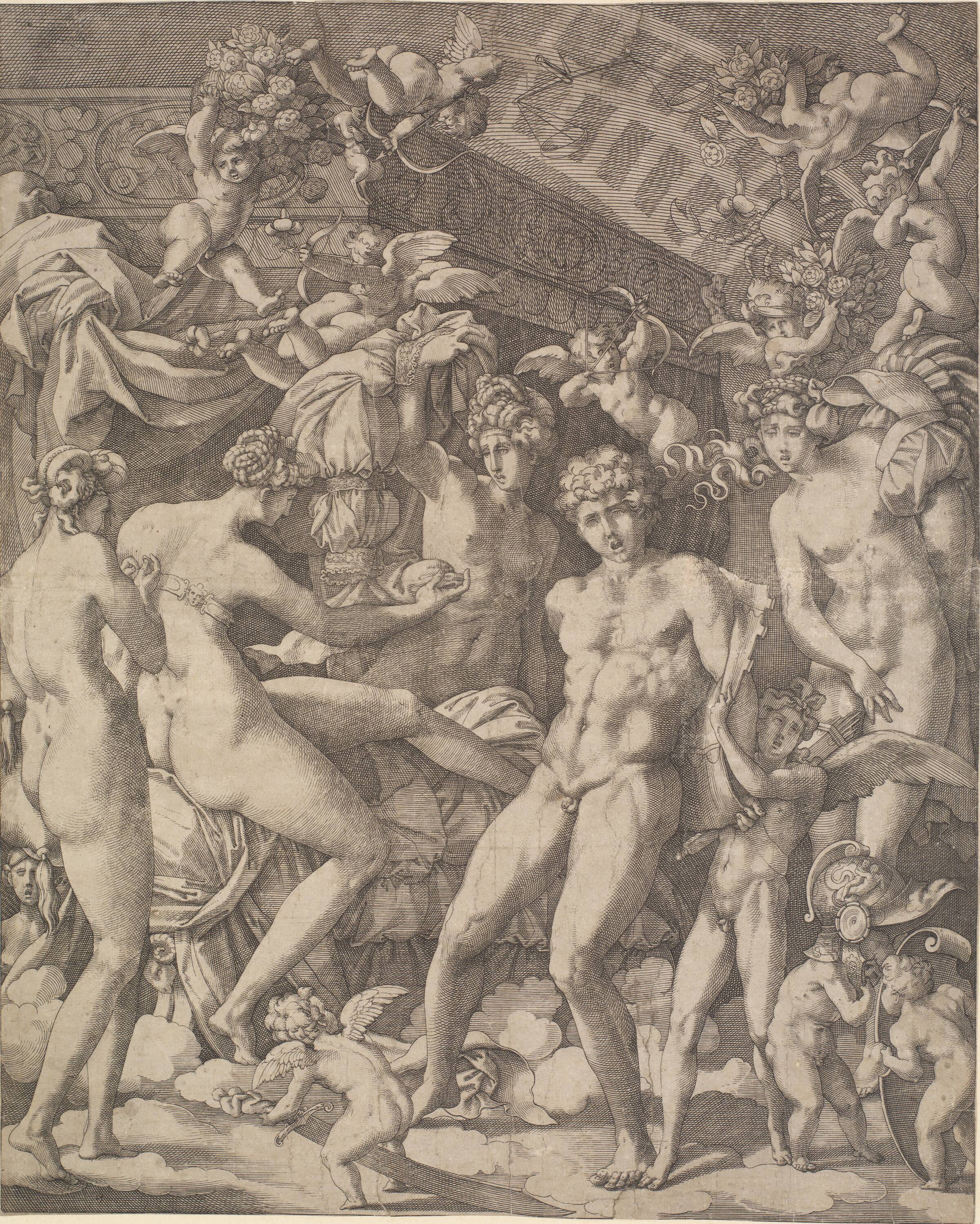 Venus og Mars med amoriner og tre gratier, Giovanni Jacopo Caraglio, 1528-1531