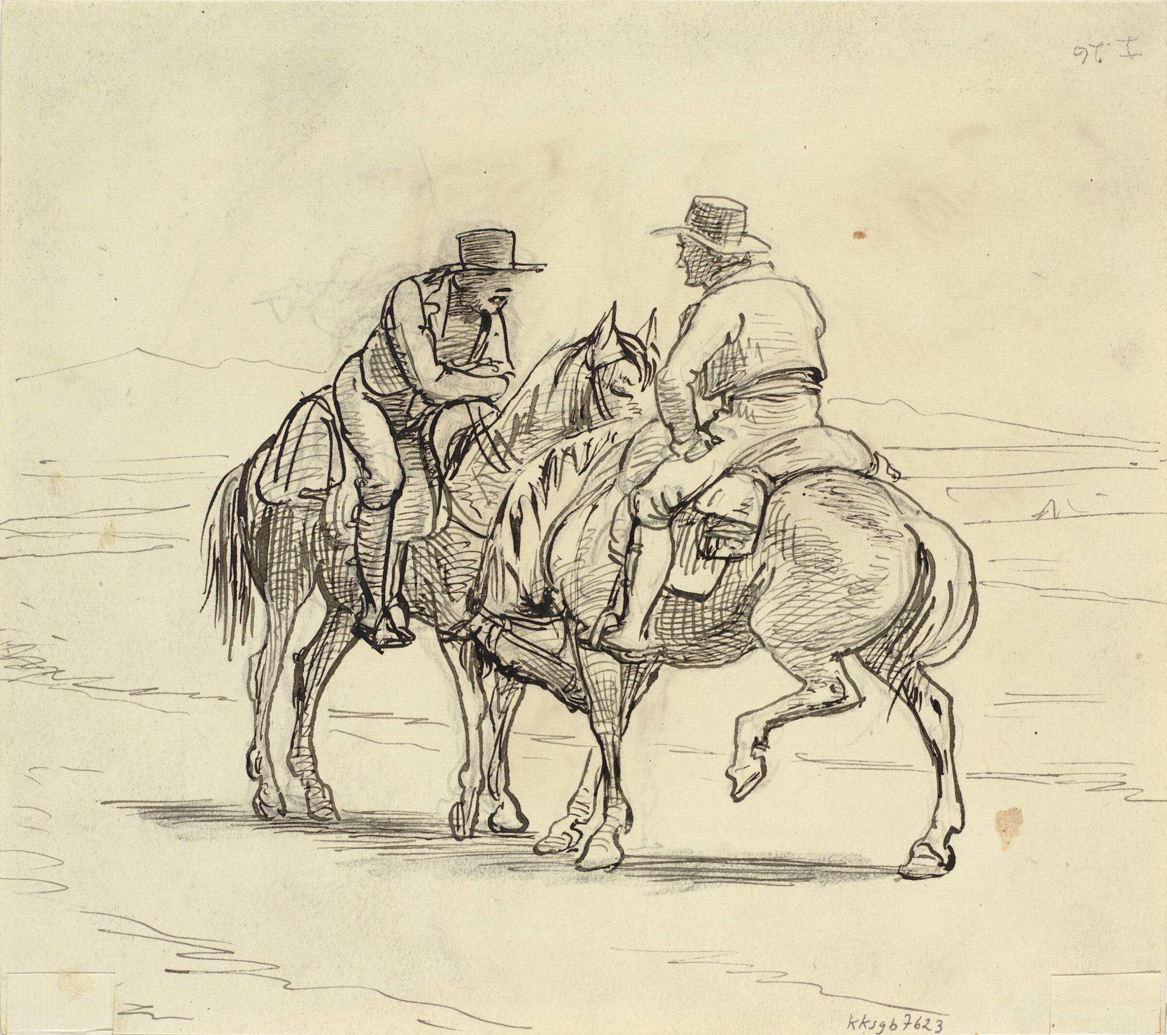 To ryttere konverserer hinanden i italiensk landskab, Wilhelm Marstrand, 1810-1873