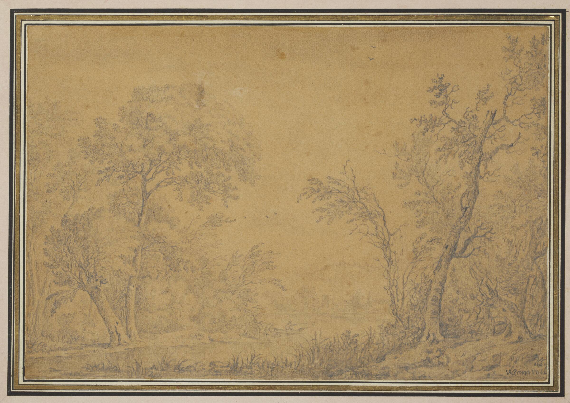Flodlandskab med træbevoksede bredder, Willem van Bemmel, 1661