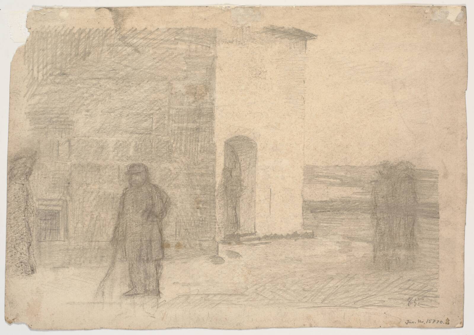 Mand stående foran våbenhus, Niels Bjerre, 1885