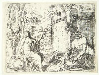 To nymfer og en satyr siddende ved et vinanker