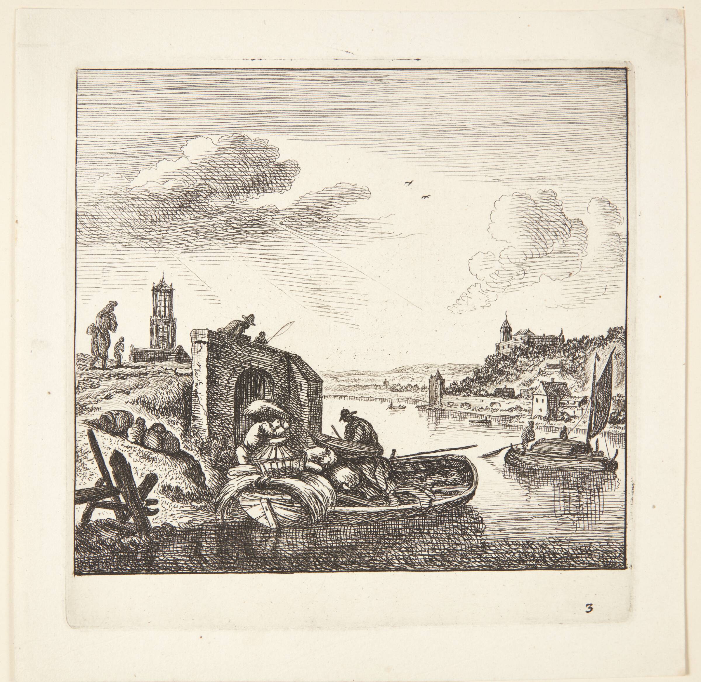 Prospekt af Rhinen, t.v. en pram, der lastes, Jan van Almeloveen, 1652-1683