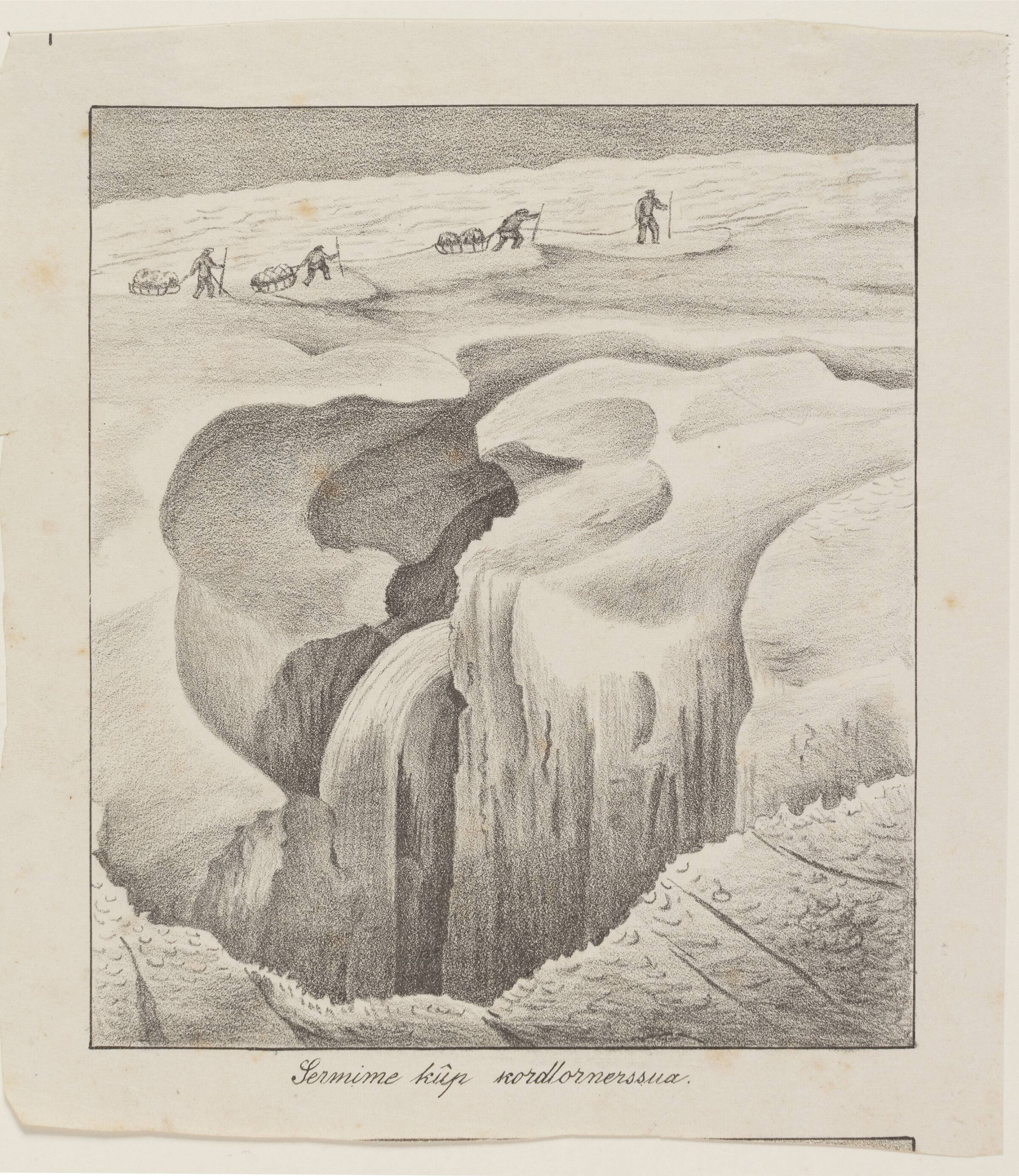 Fire mænd med trækslæder gående ved en gletcherspalte ("Sermime kûp Kordlornerssua"), Lars Møller, 1878-1879