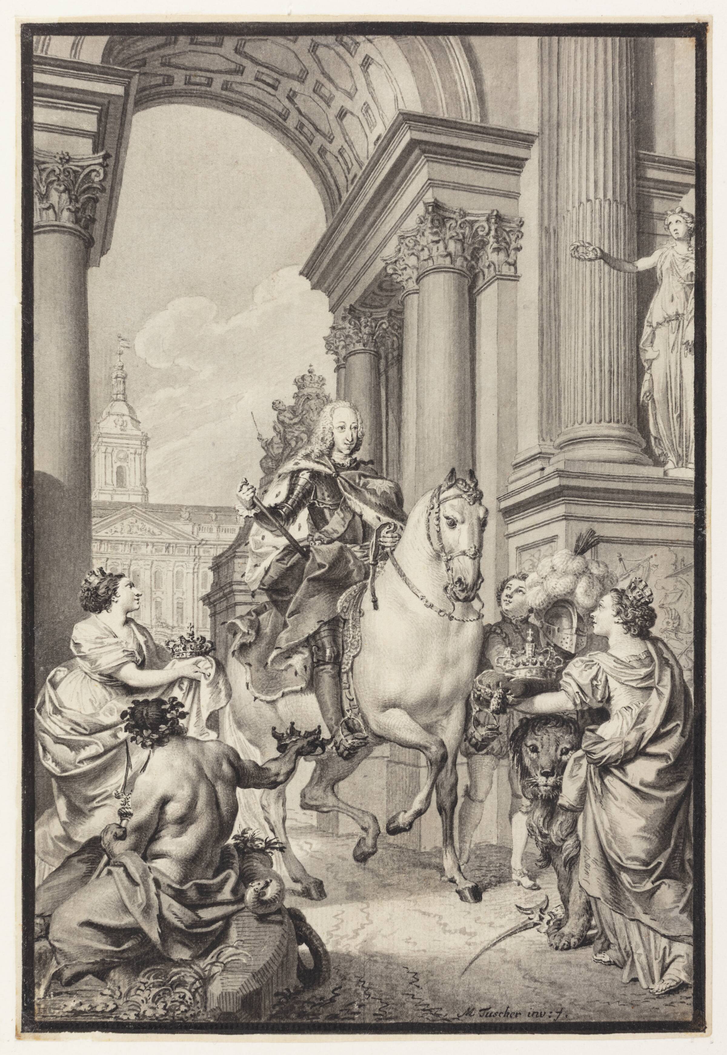 Forarbejde til maleriet: Danmark og Norge hylder Chr. VI (brændt med Christiansborg 1794), Marcus Tuscher, 1746-1749