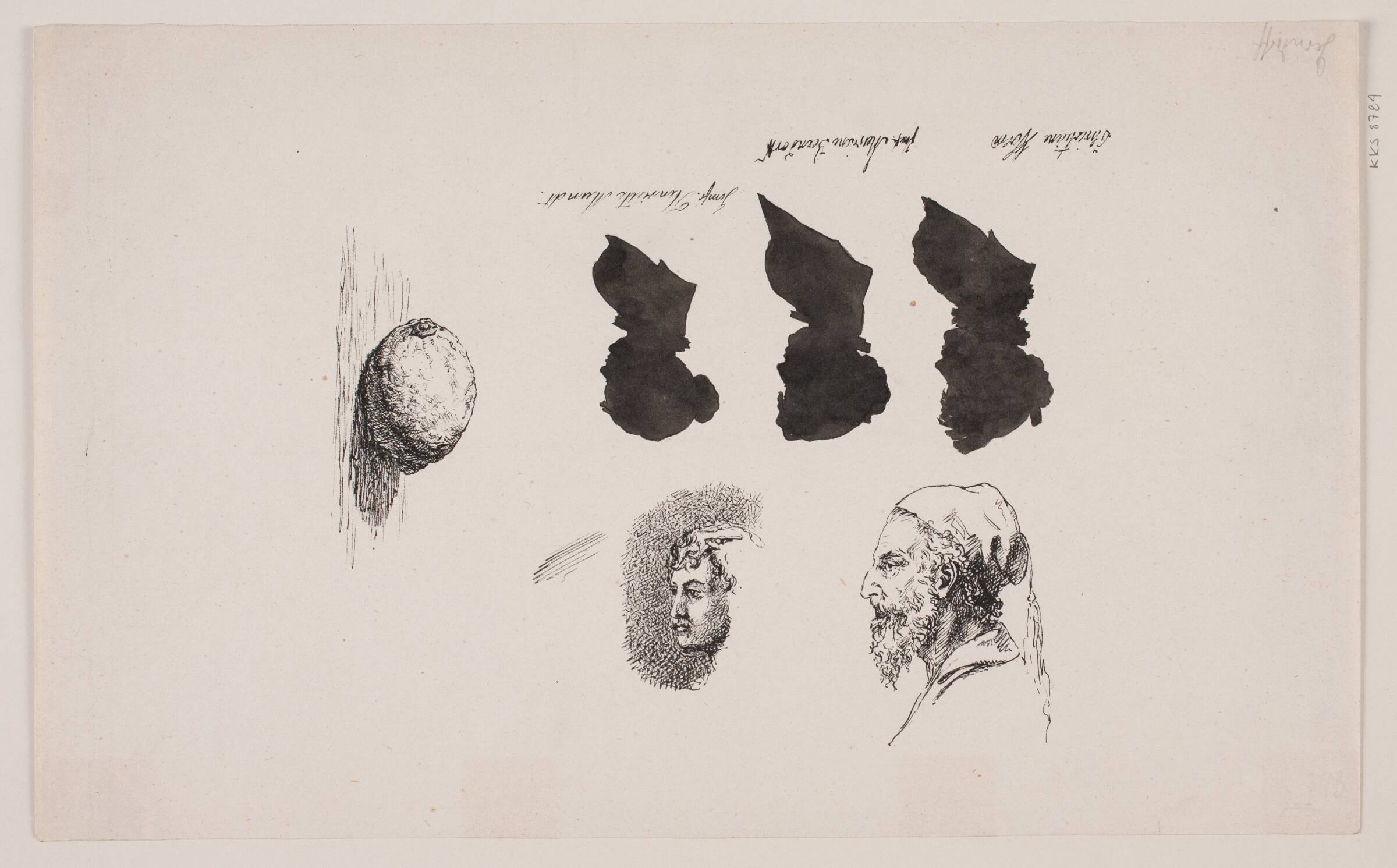 Prøveblad med tre kvindelige silhuetter og to portrætter, August Jerndorff, 1864