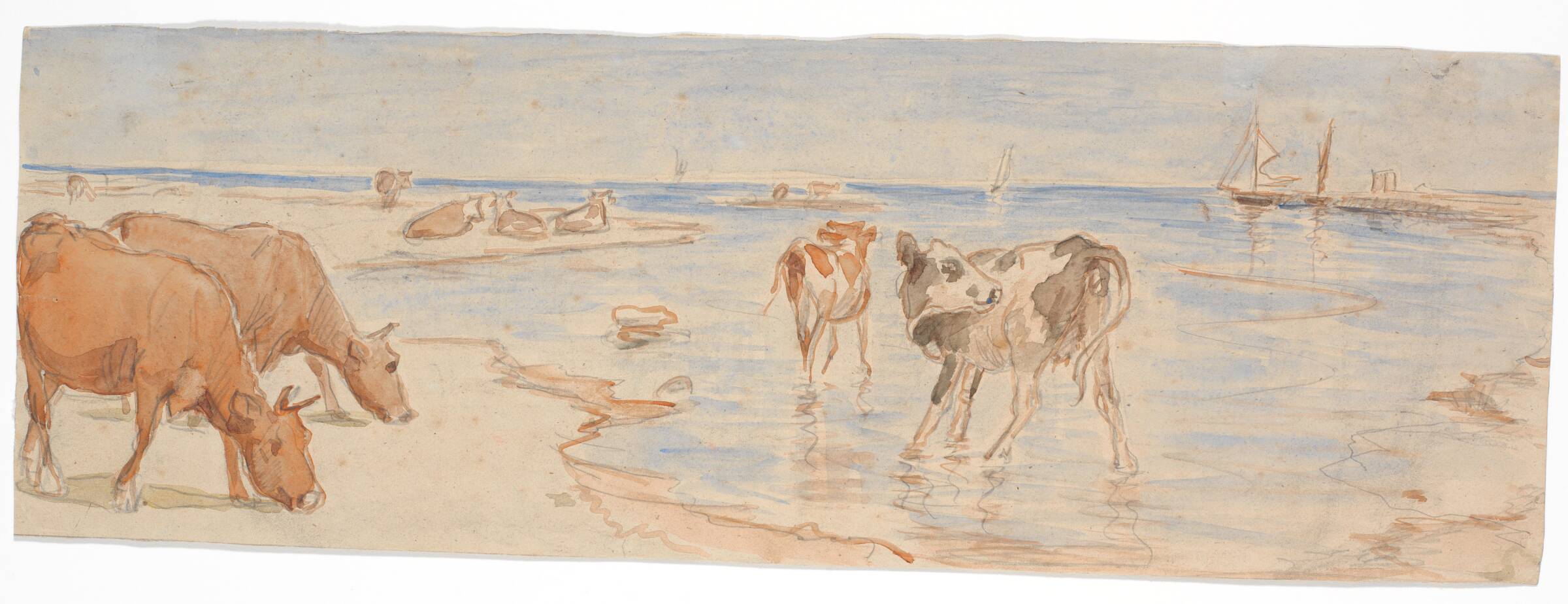 Køer og kalve nær indskibningsstedet på Saltholm (udkast til dekoration af punchebolle), Theodor Philipsen, 1893