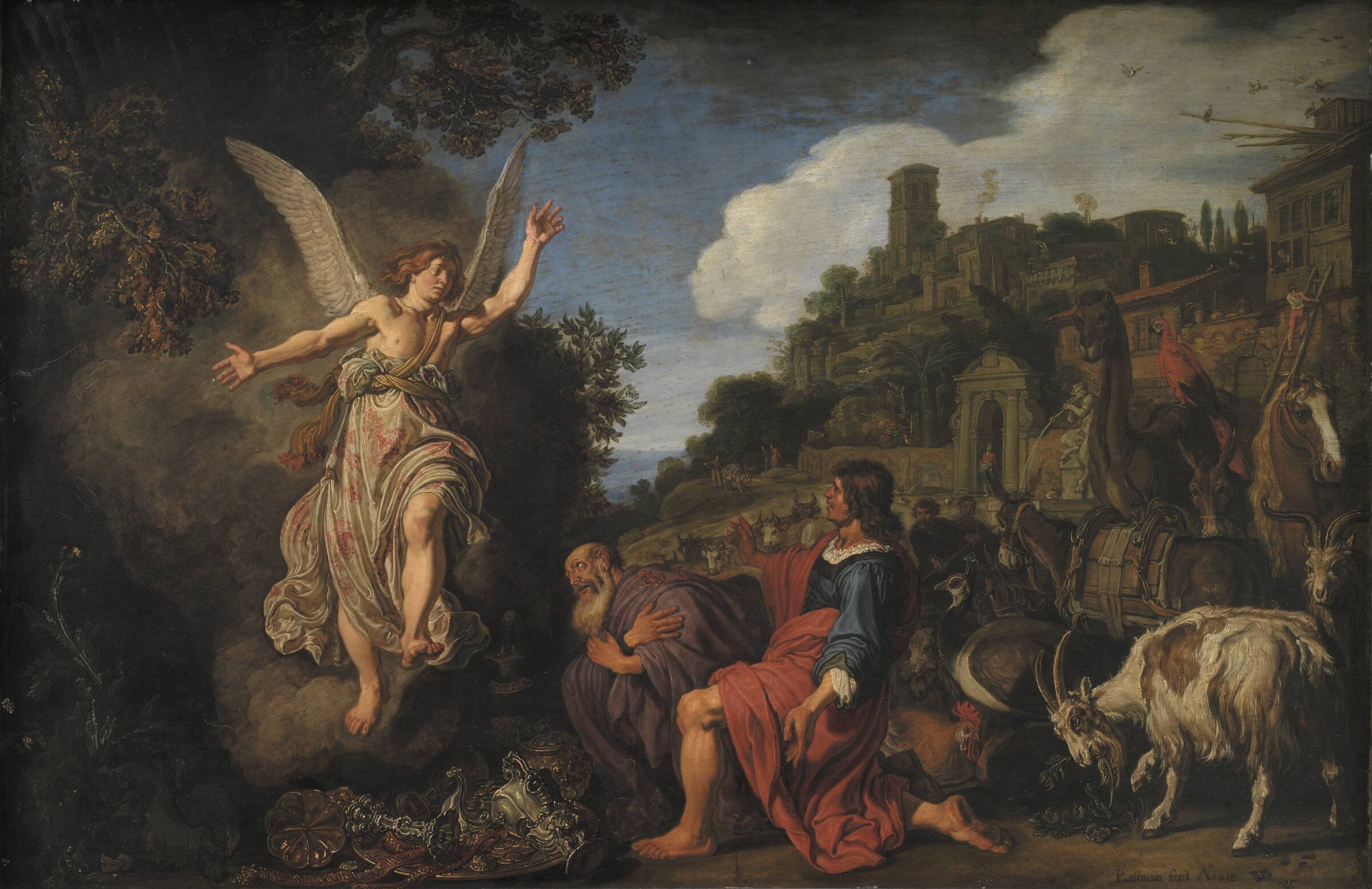 Englen Rafael tager afsked med den gamle Tobit og hans søn Tobias, Pieter Lastman, 1618