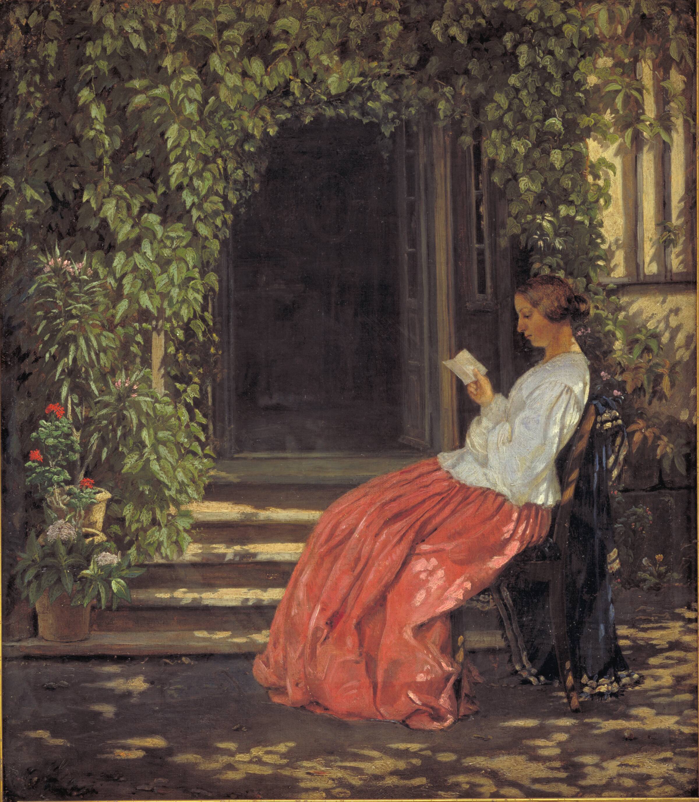 Læsende dame uden for en havedør, Vilhelm Kyhn, 1834-1903