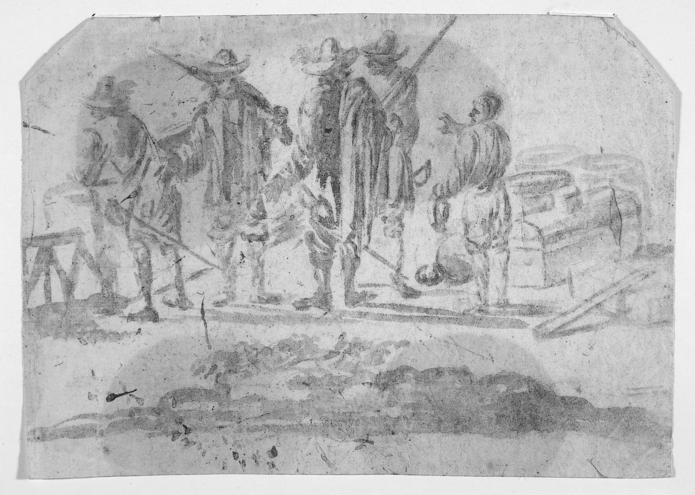 Gruppe på fire bevæbnede mænd og en dreng ved siden af en træstamme og nogle tønder, Domenico Brandi, 1684-1736