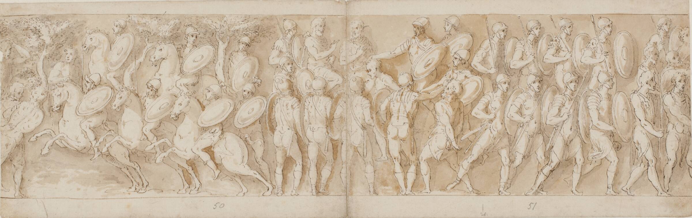 Romersk kavaleri; kejseren overbringes et afhugget hoved og en germansk fange; romere rykker frem, Джованни Гуэрра, 1544-1618