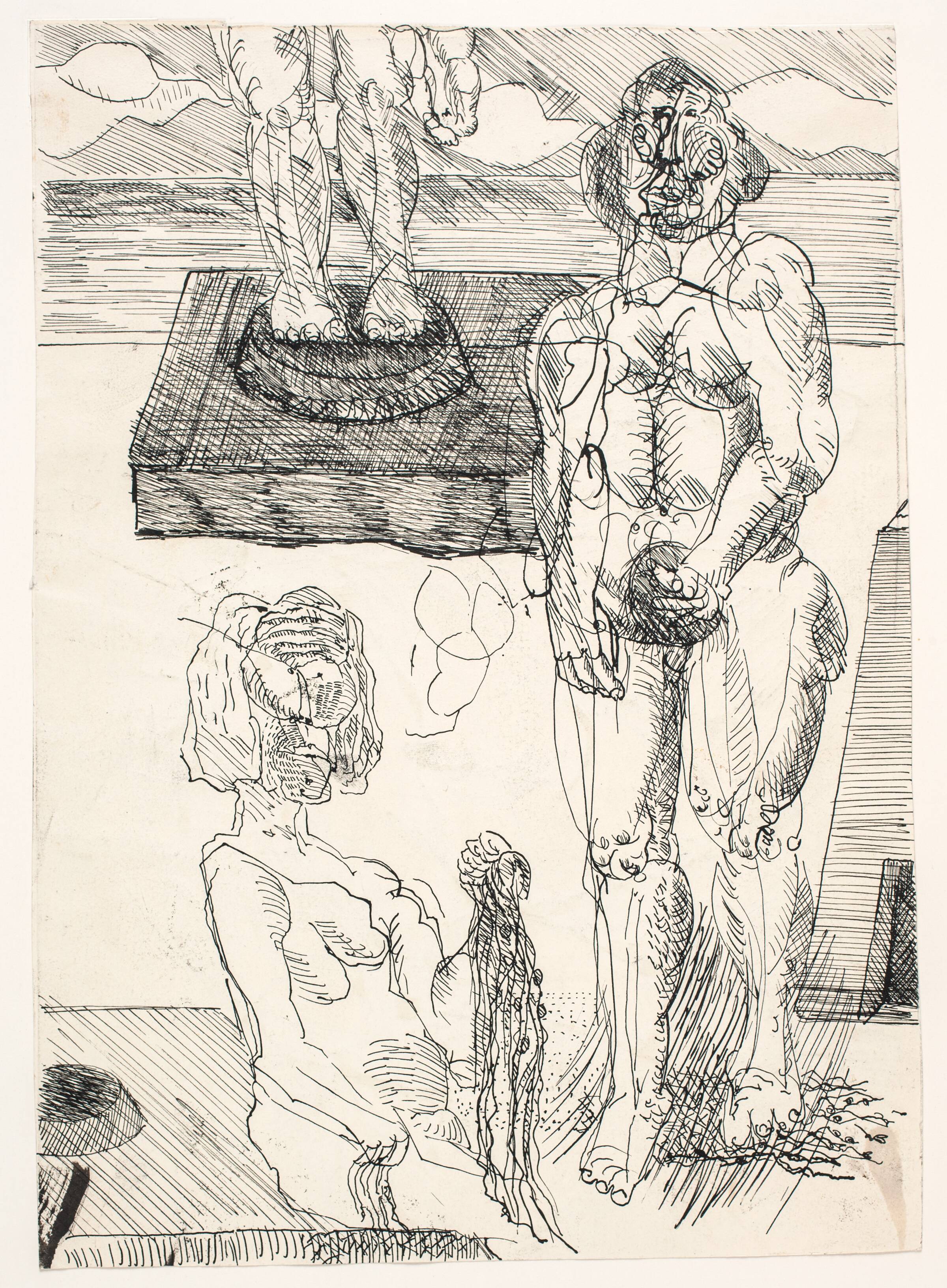 Landskab med to figurer i forgrunden og benene af en kolossalstatue i baggrunden, Svend Wiig Hansen, 1957