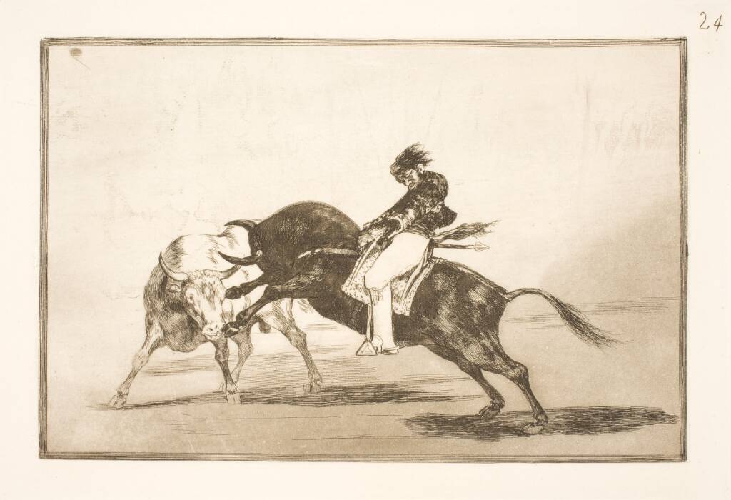 Den samme Ceballos, siddende på ryggen af en anden tyr, brækker korte spyd i arenaen i Madrid, Francisco de Goya, 1815-1816