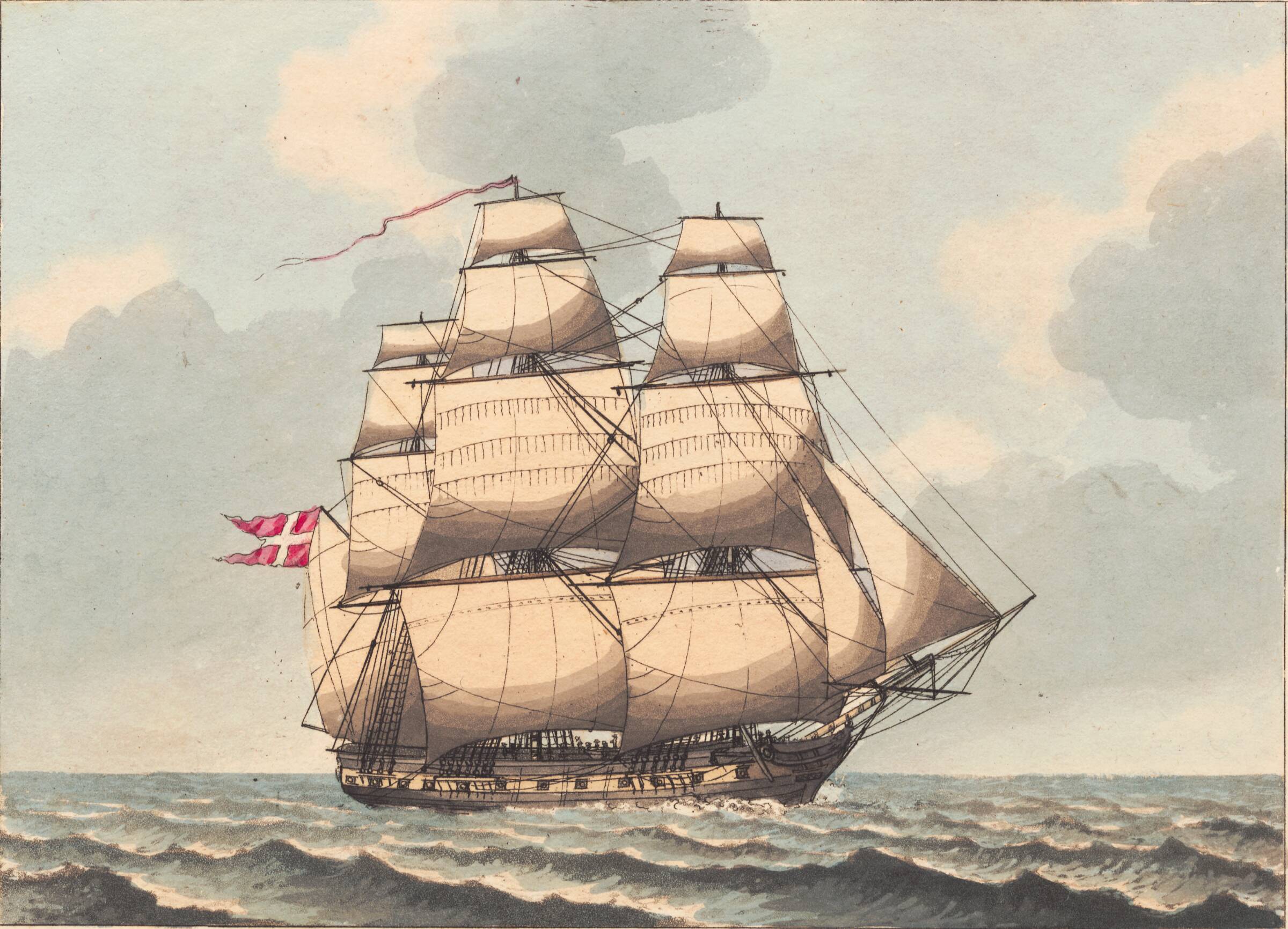 En dansk fregat, at see i læ, med sidevind, Niels Truslew, 1805