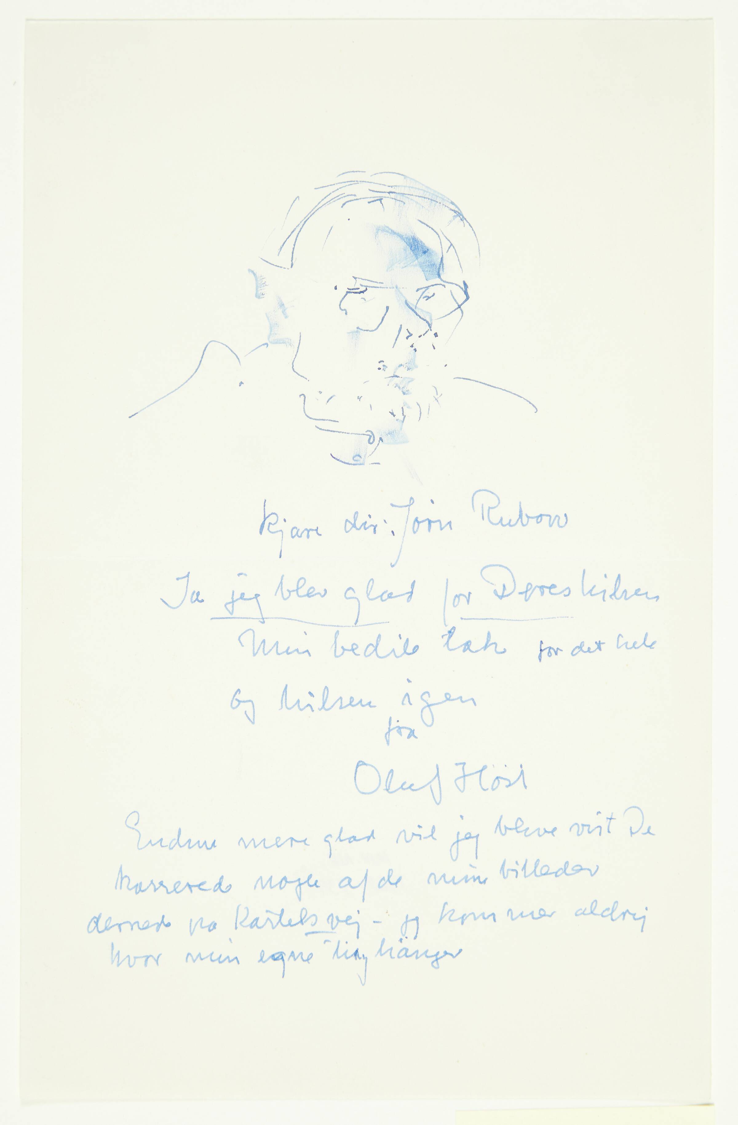 Brev fra Oluf Høst til Jørn Rubow med selvportræt, Oluf Høst, 1899-1966