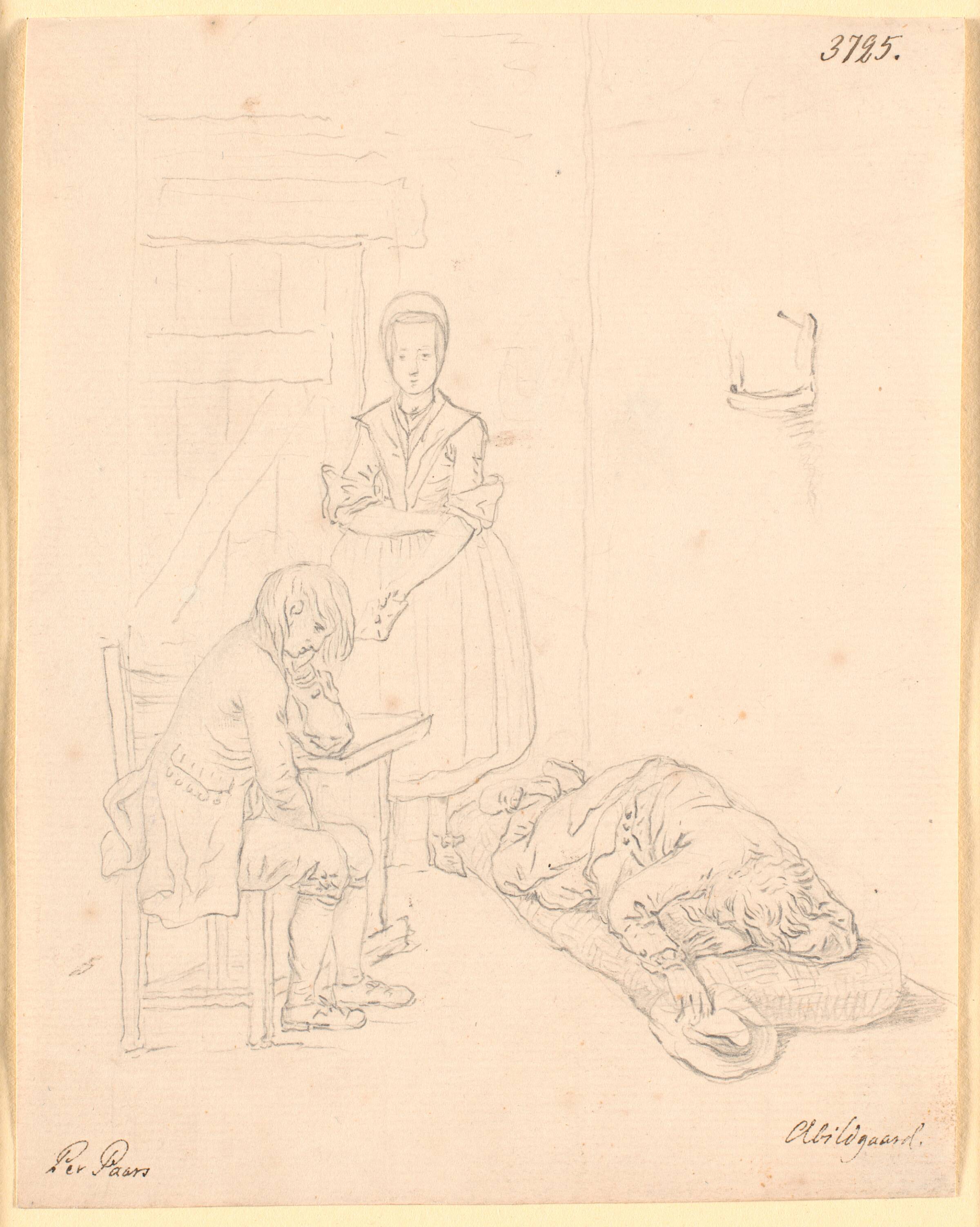 Marthe Køkkentøs kommer ind i stuen til Peder Paars og Per Ruus med brevet. "Peder Paars" III. bog II. sang, Nicolai Abildgaard, 1743-1809