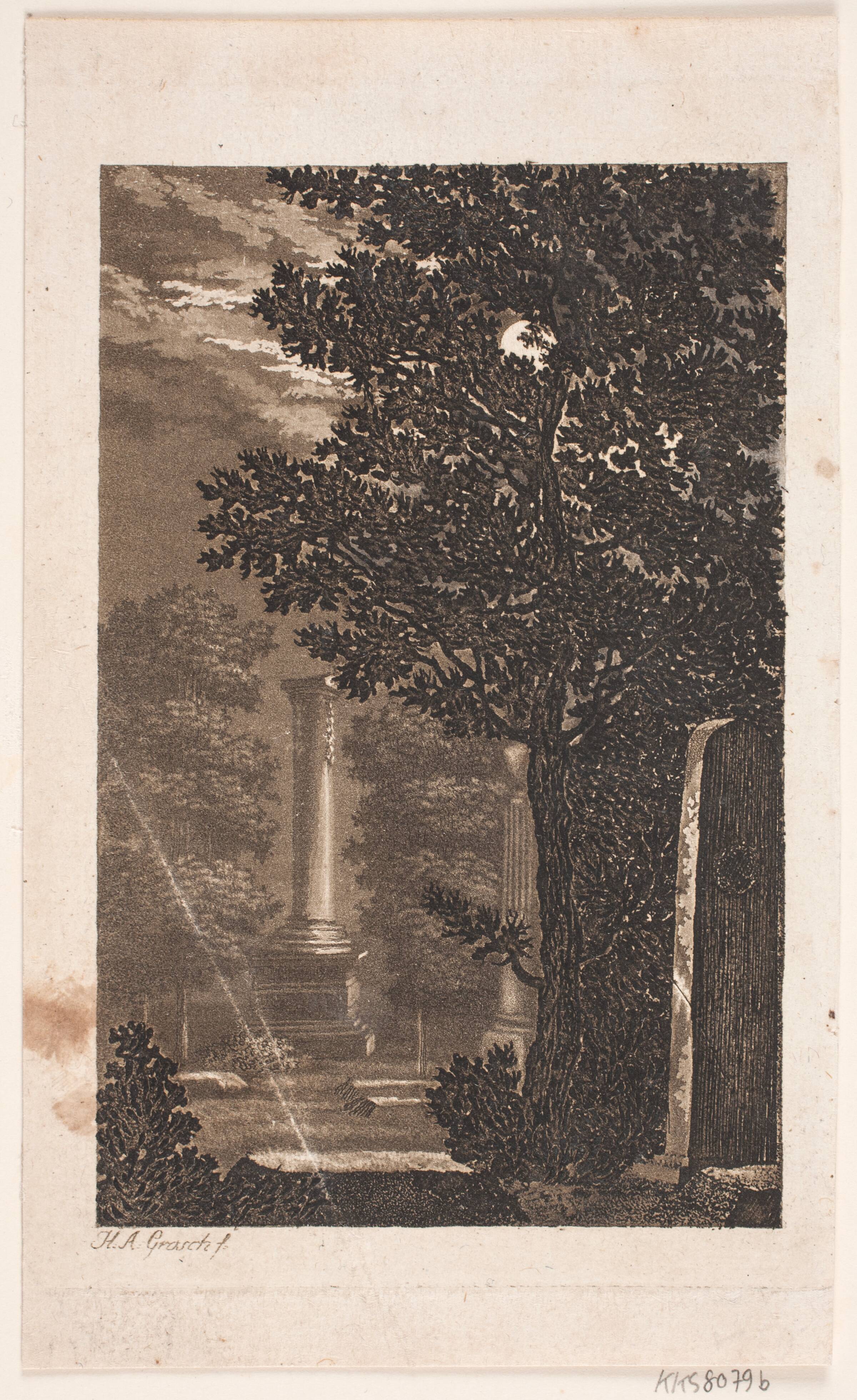 Fra Assistens Kirkegaard, (iflg . gml. auk.kat) park med søjle i måneskin, Heinrich Grosch, 1797